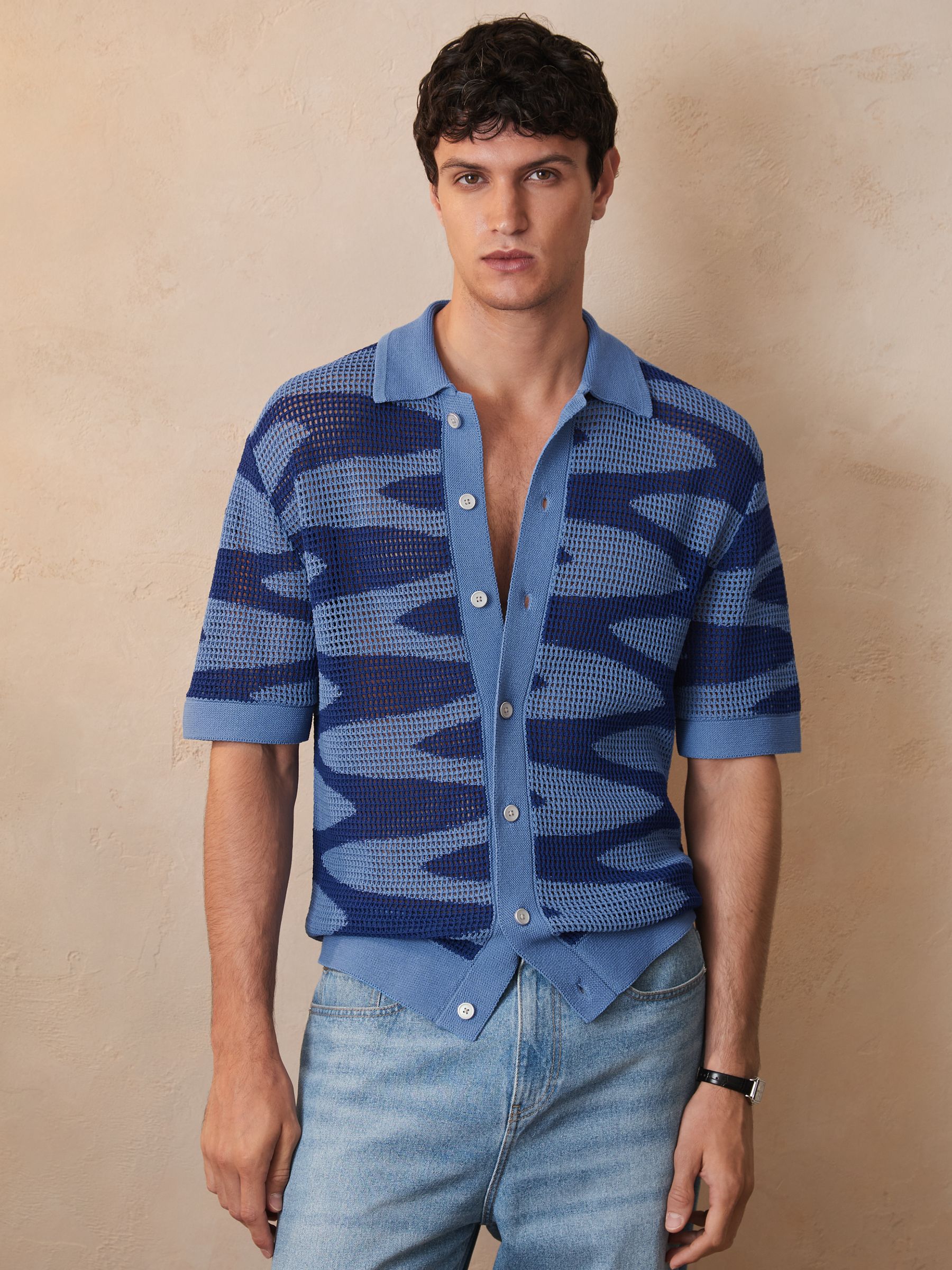 Reiss | Ché Wave Crochet Shirt in Blue