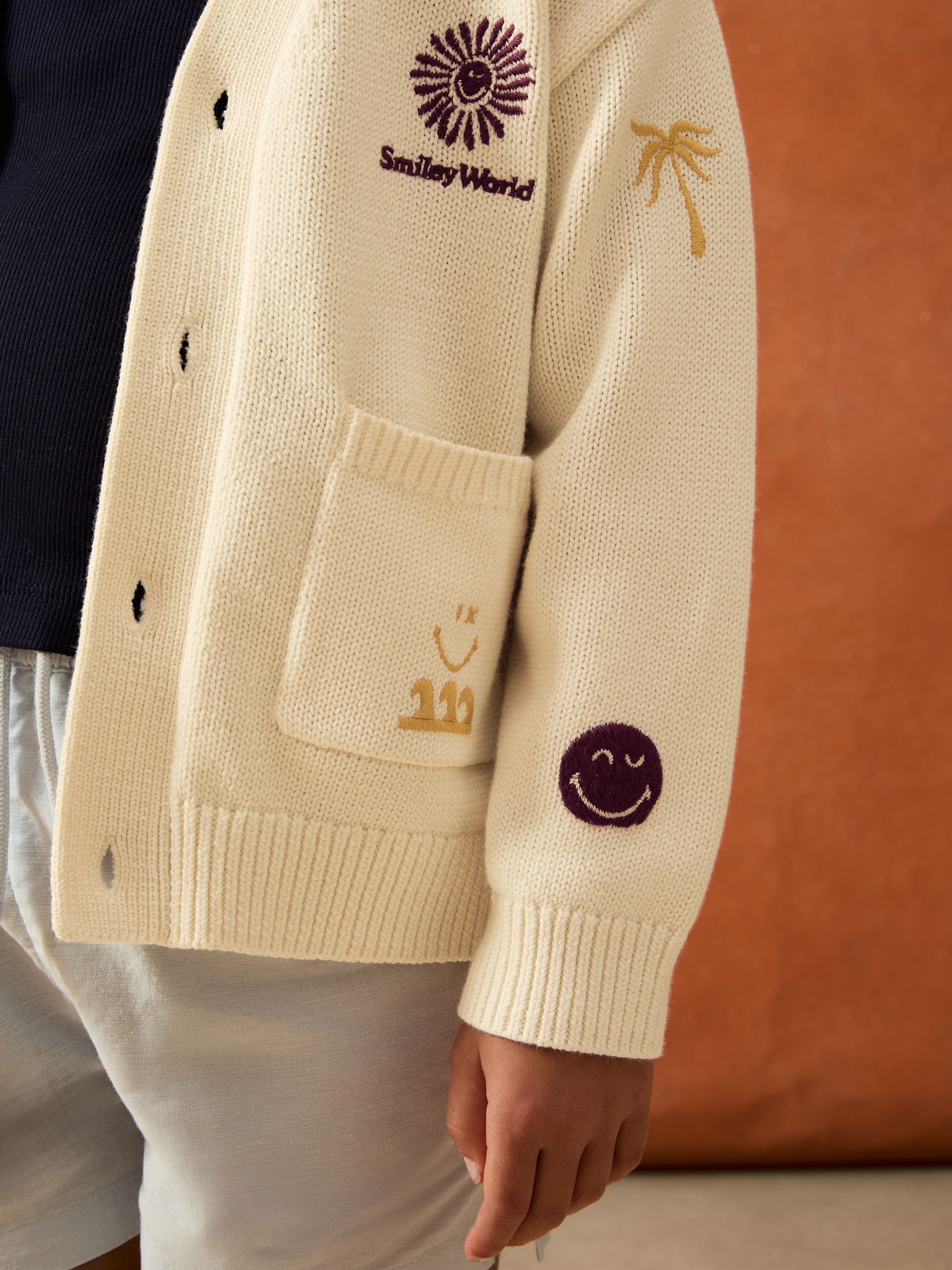 13-14 yrs SmileyWorld | Reiss Embroidery Cardigan Unisex Fit in Off White