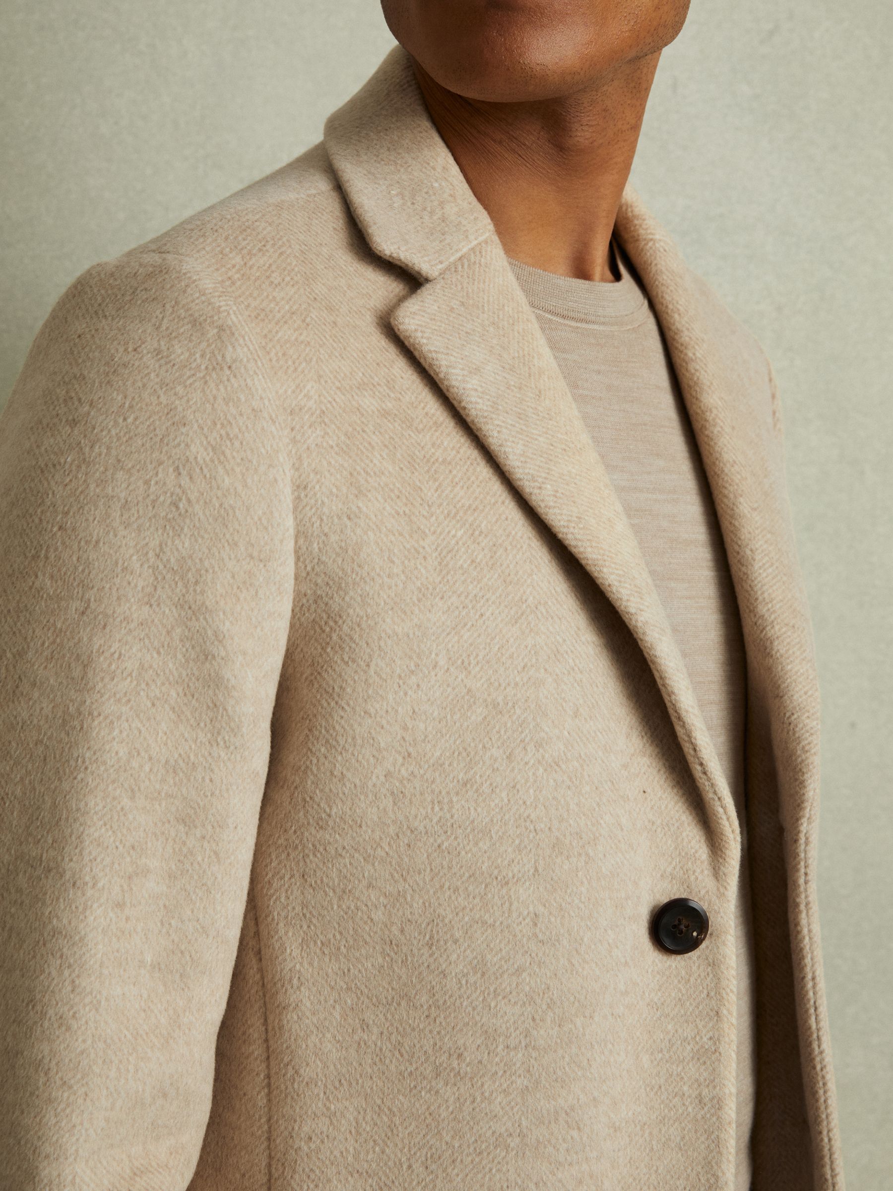 Wool Blend Single Breasted Epsom Overcoat in Oatmeal Herringbone
