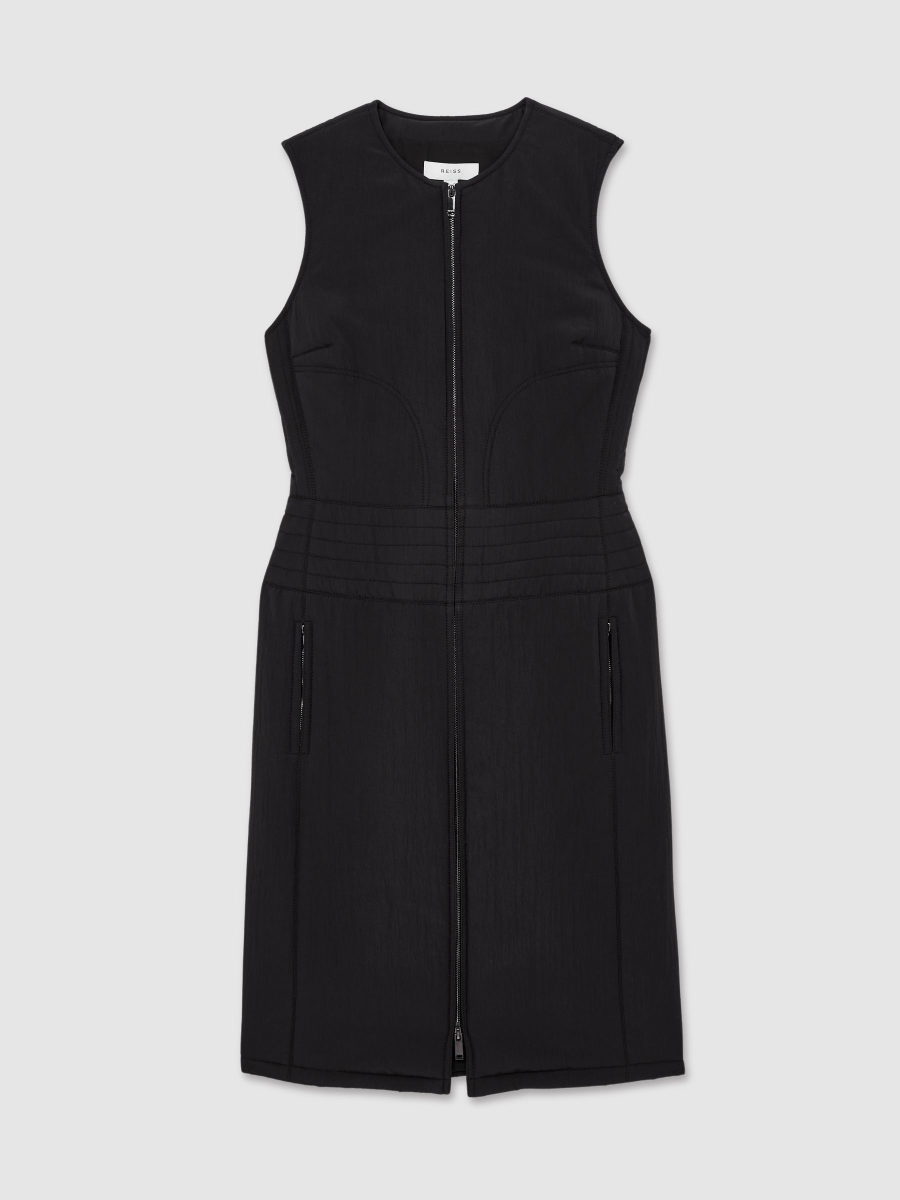 Quilted Zip-Through Sleeveless Dress in Black