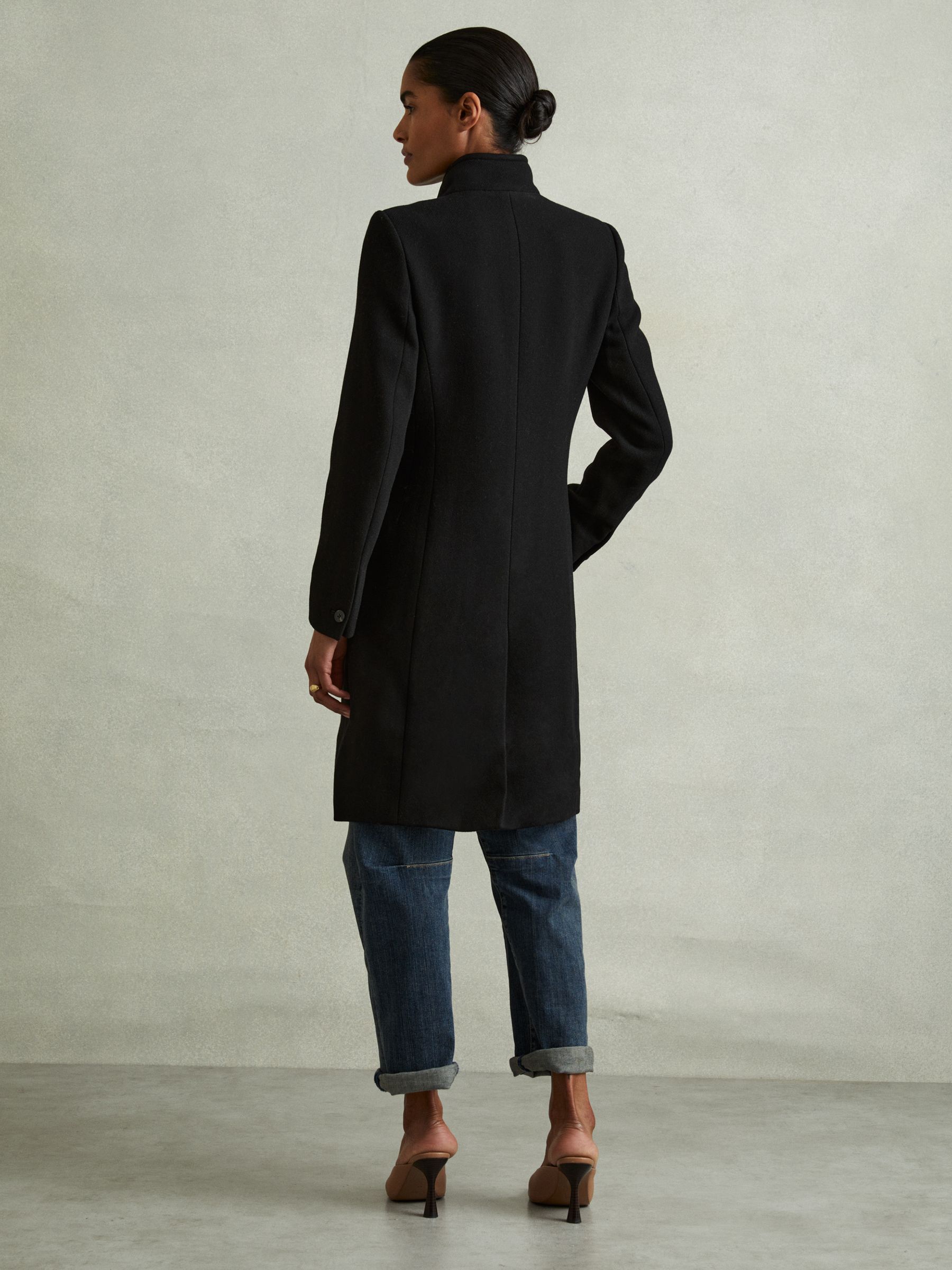 Wool-Blend Longline Double-Breasted Coat in Black