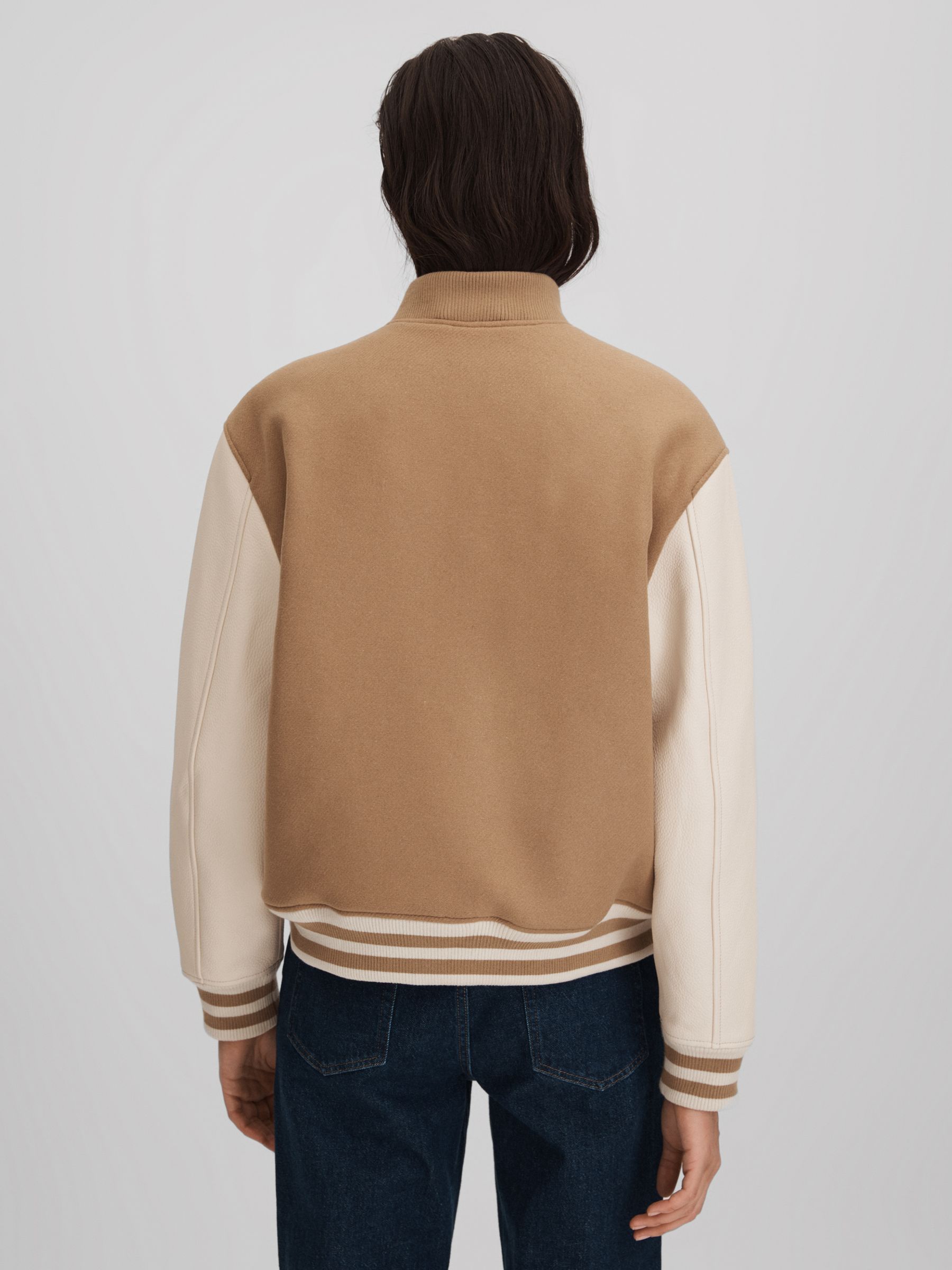 Premium Wool Blend Bomber Jacket in Camel/Cream