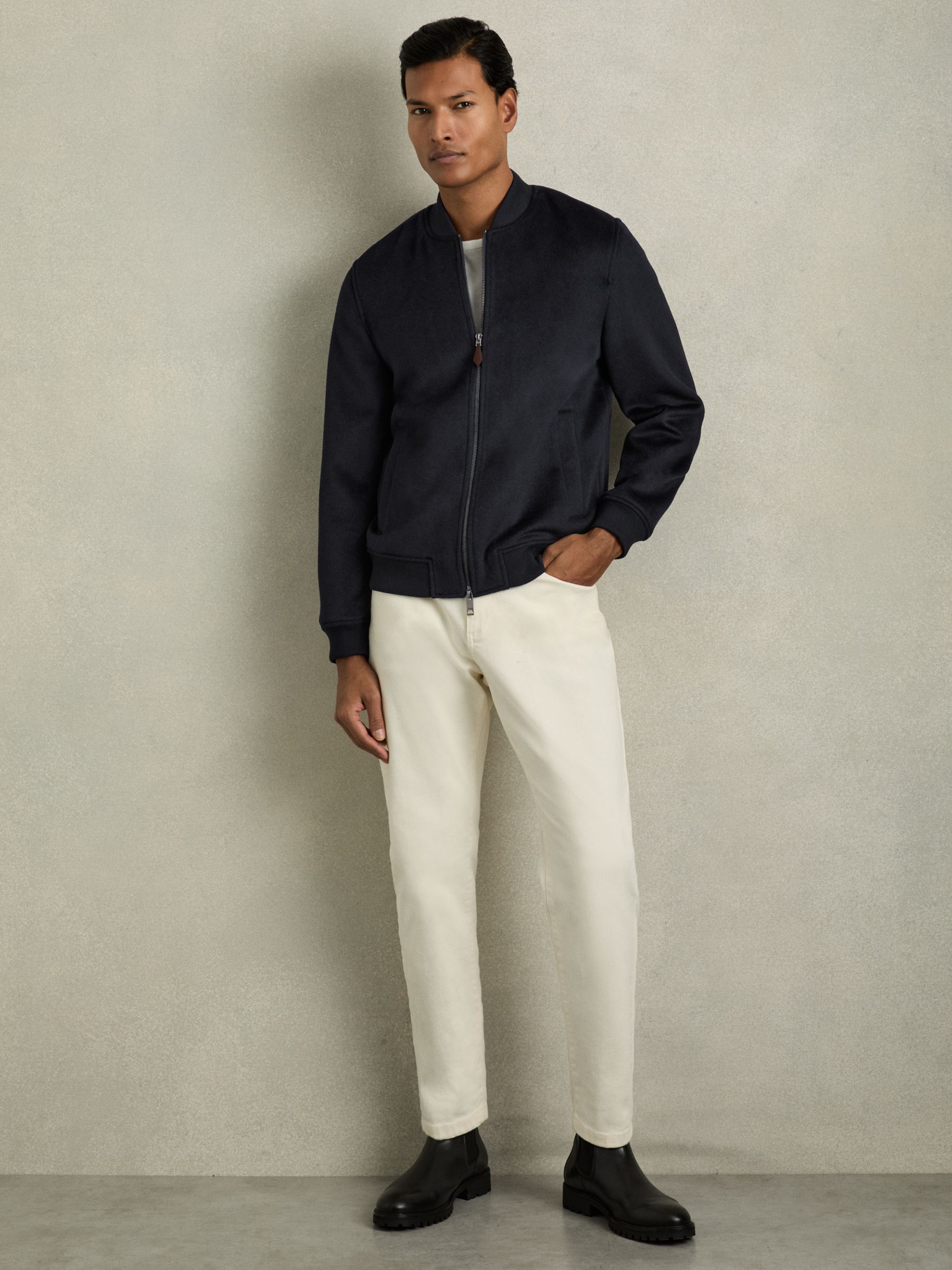 Brushed Wool-Blend Bomber Jacket in Navy