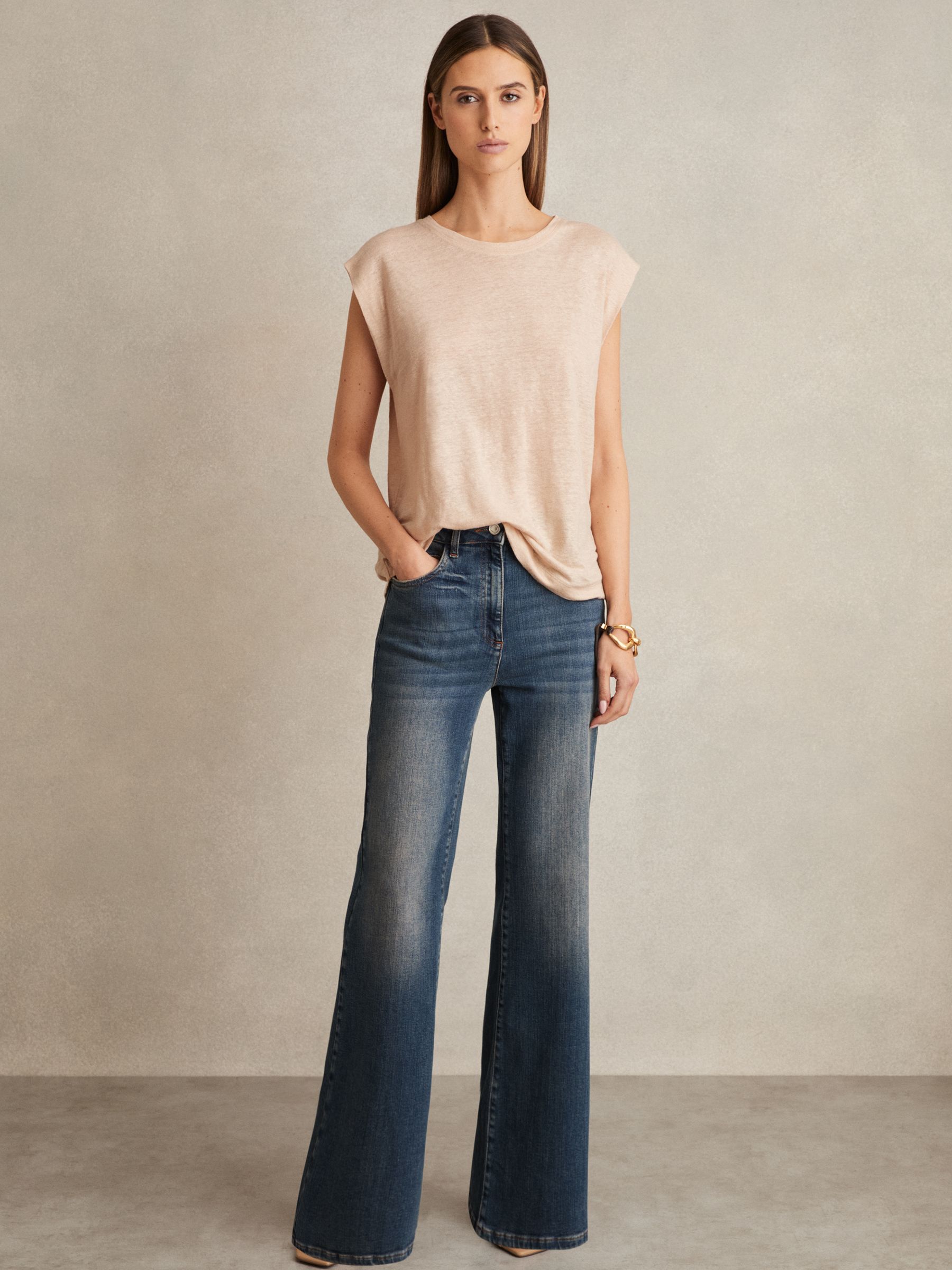 Linen Cap-Sleeve T-Shirt in Peach