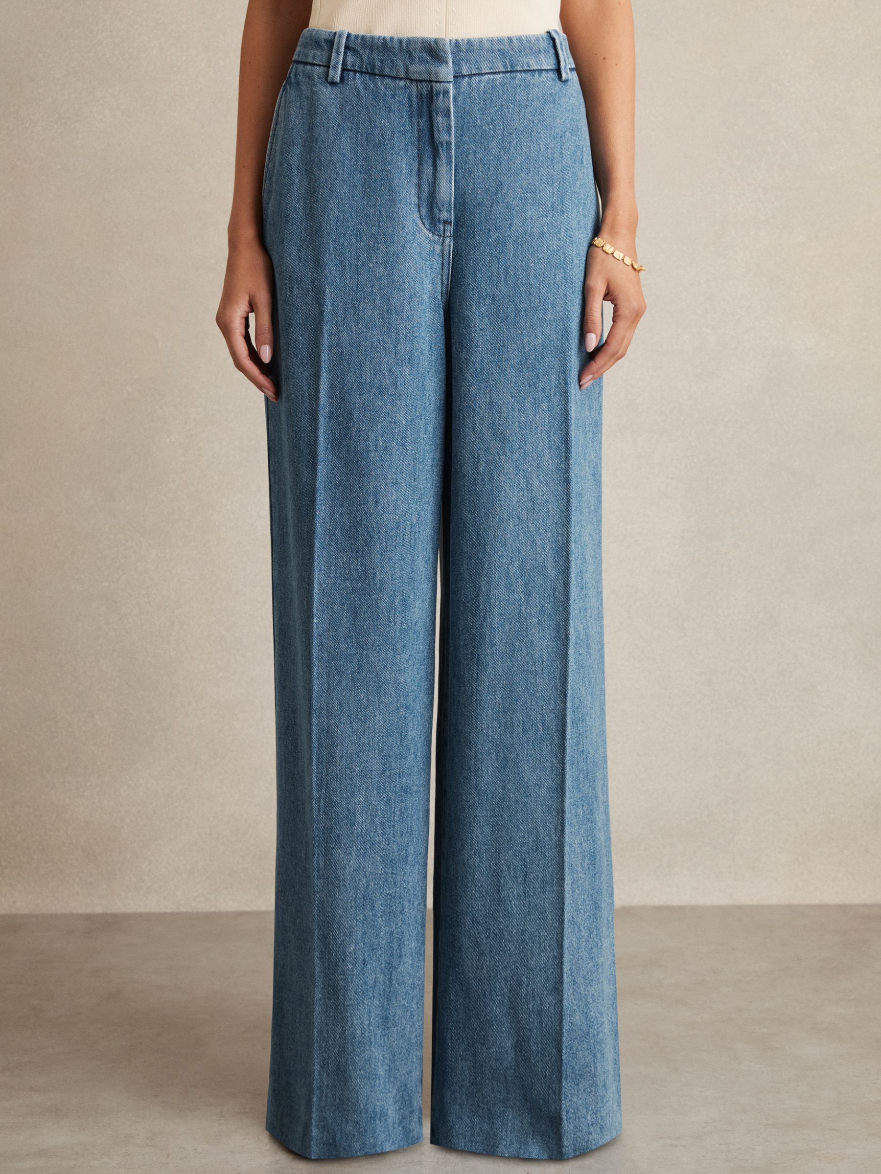 Denim-Look Wide-Leg Trousers in Mid Blue