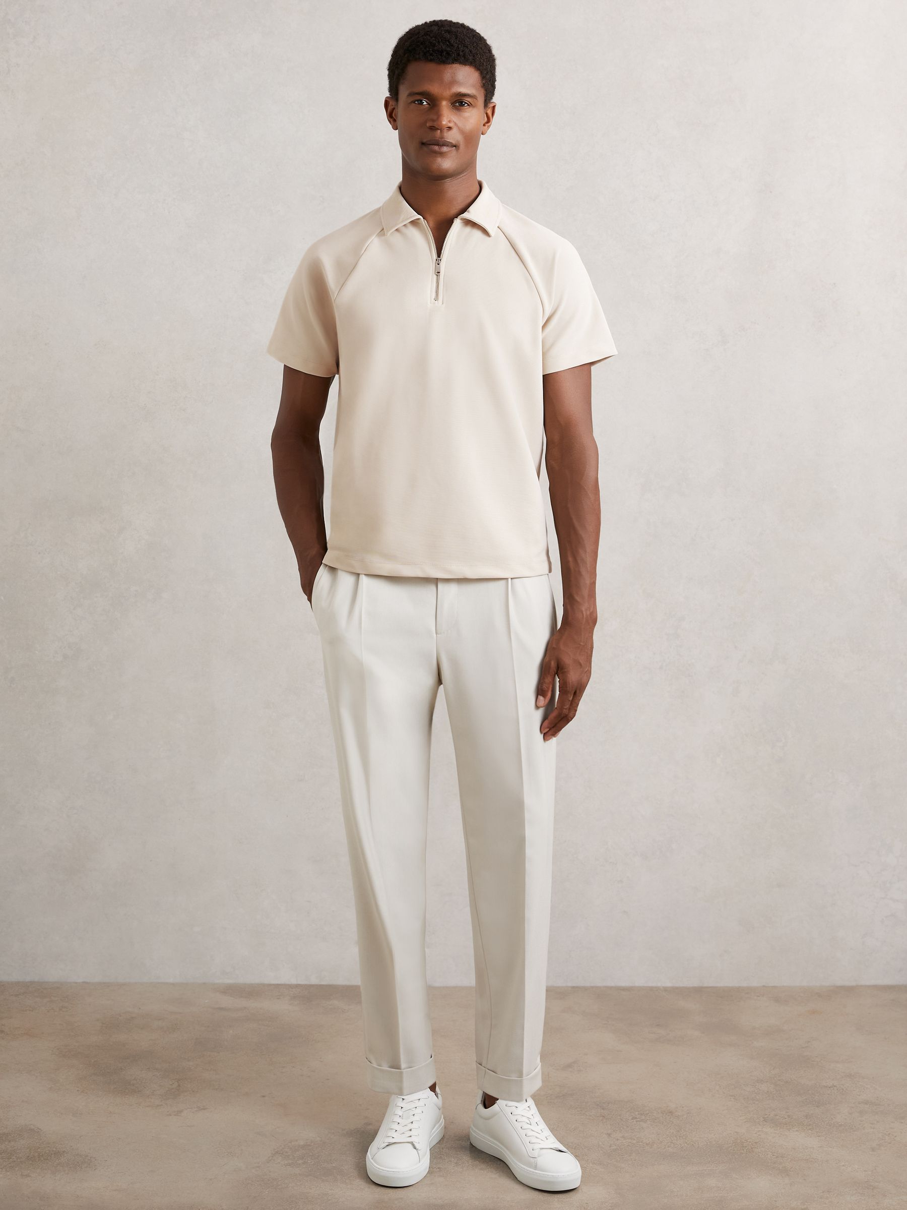 Textured Raglan Half-Zip Polo Shirt in Stone