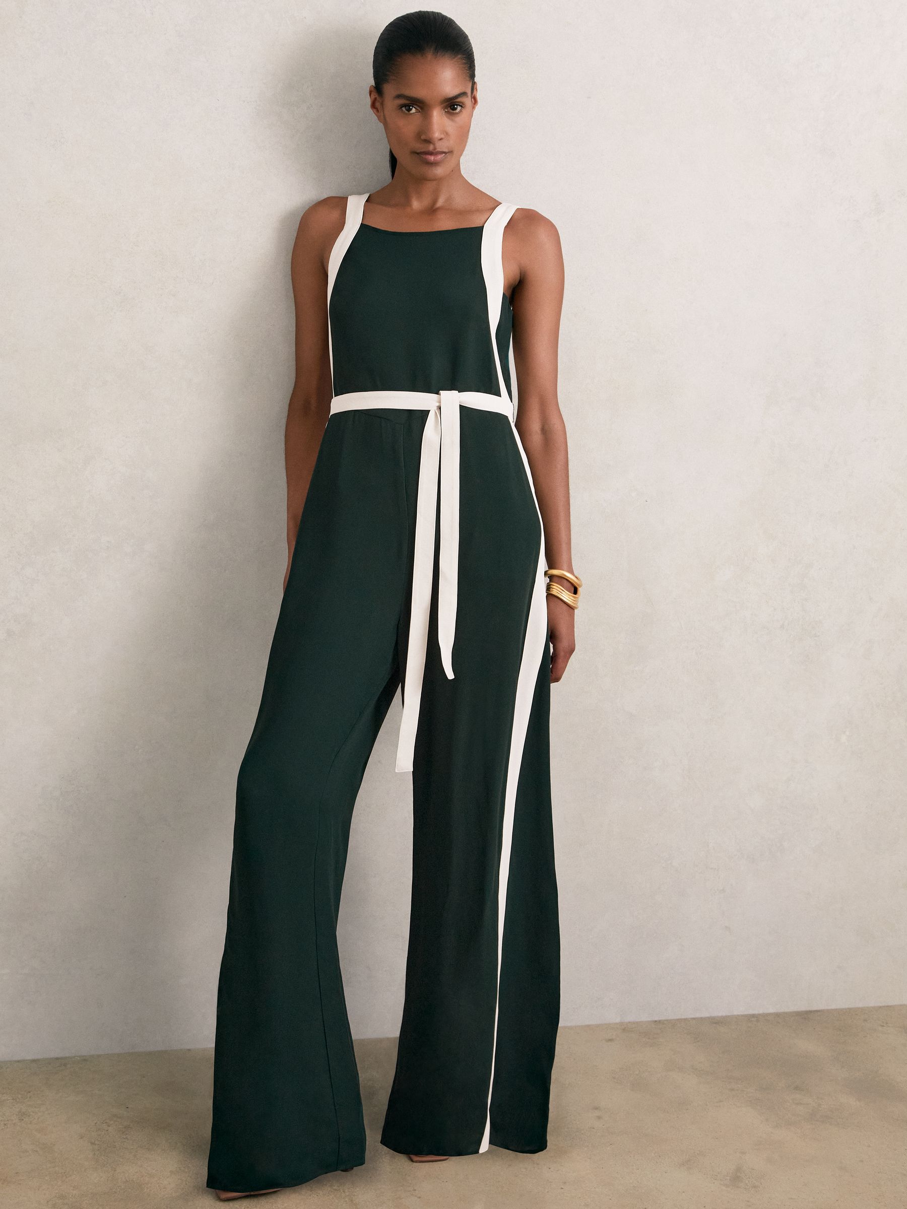 Petite Colourblock Wide Leg Belted Jumpsuit in Dark Green/Cream