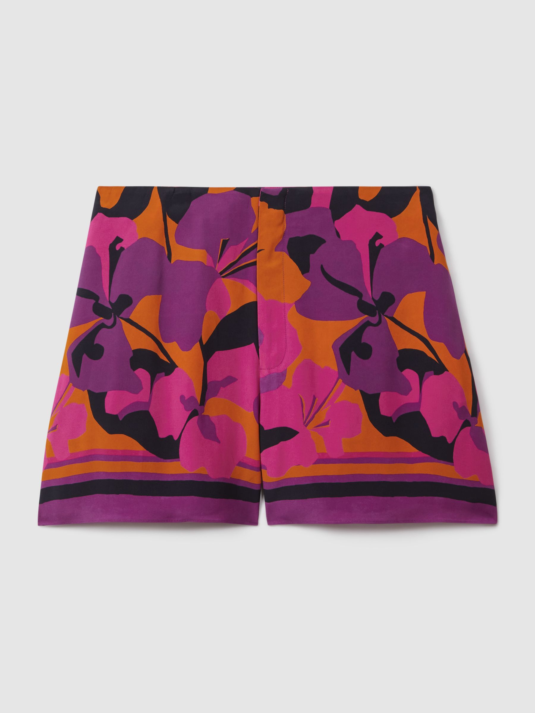 Florere Printed High Rise Shorts in Pink/Orange