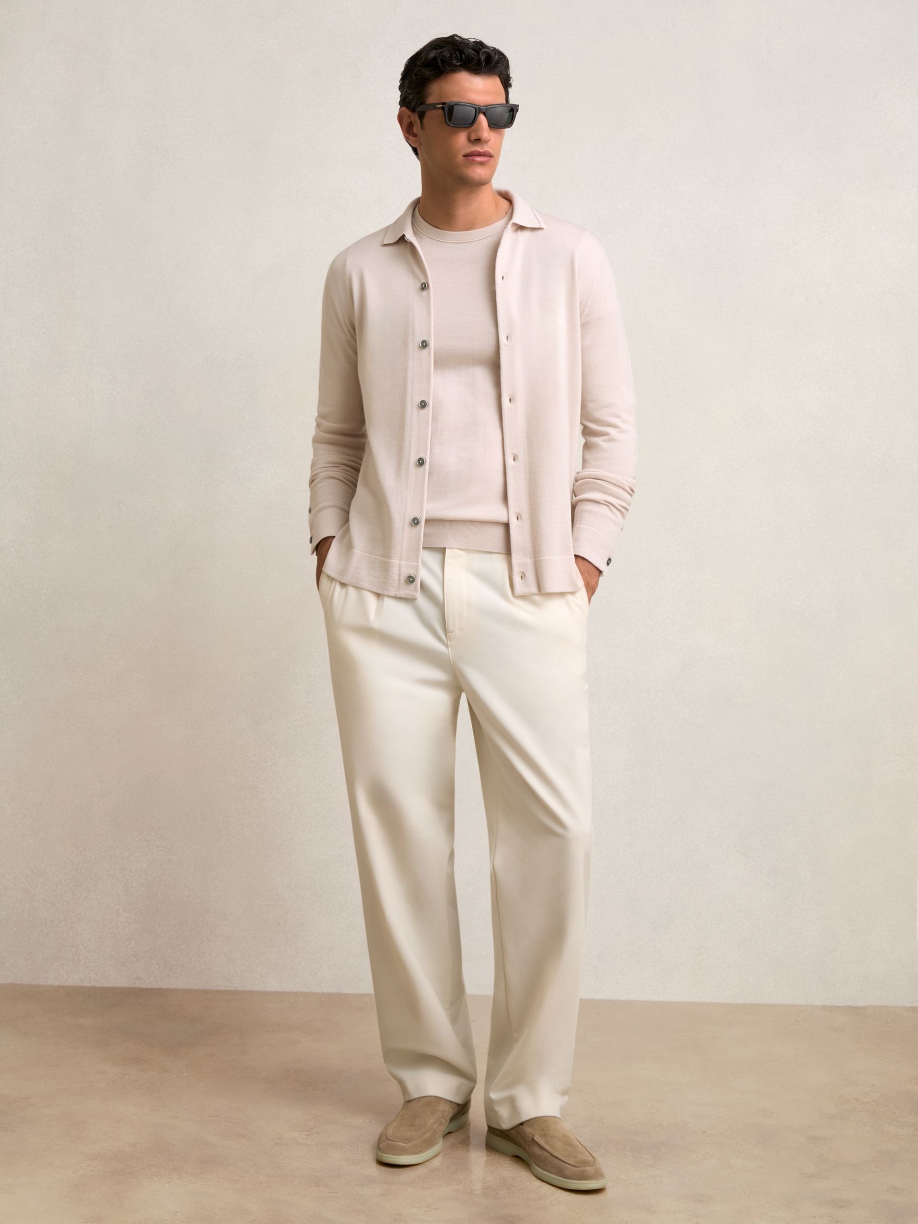 Merino Wool Button-Through Cardigan in Beige