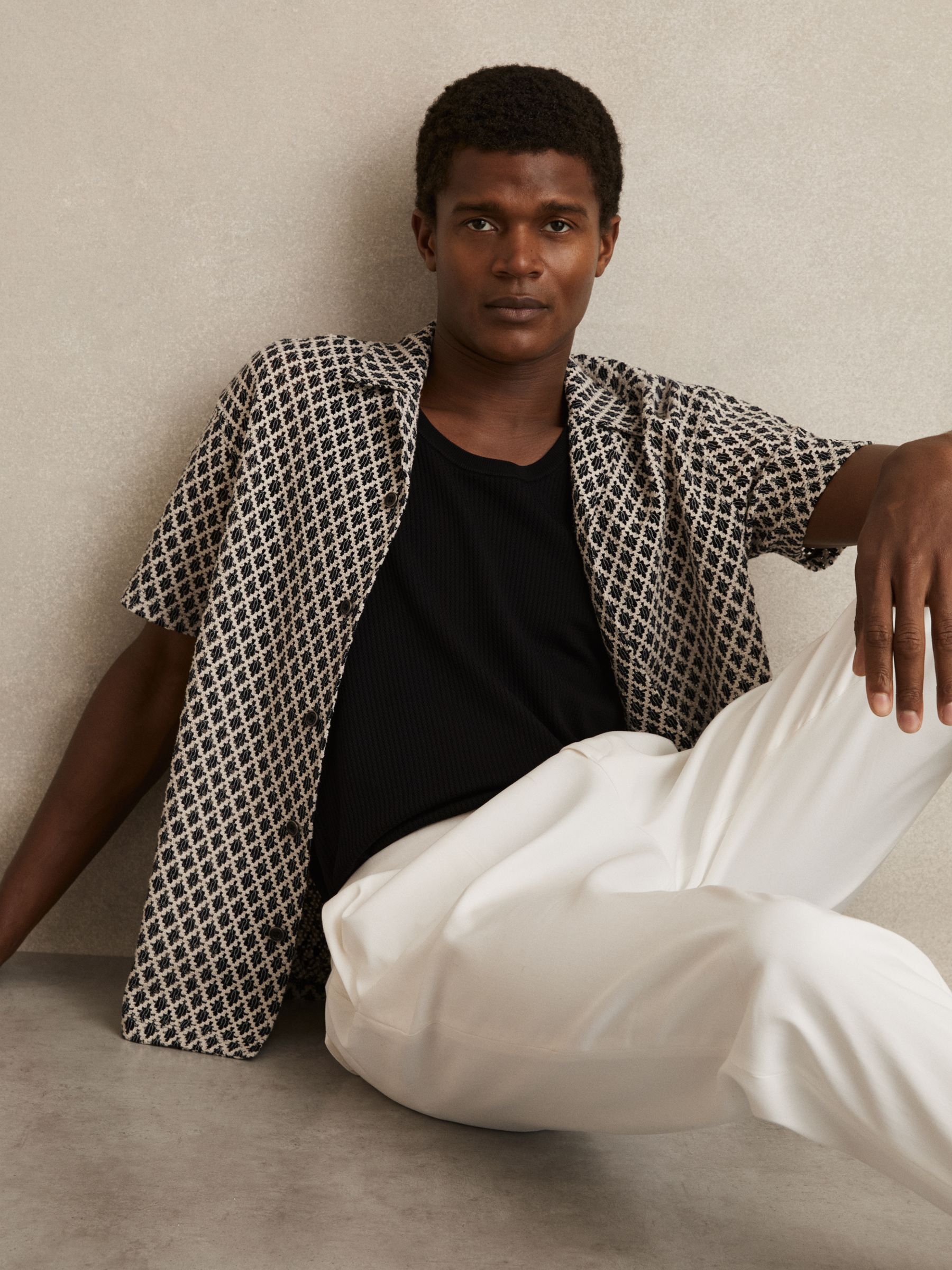 Geometric-Crochet Cuban-Collar Shirt in Navy/White