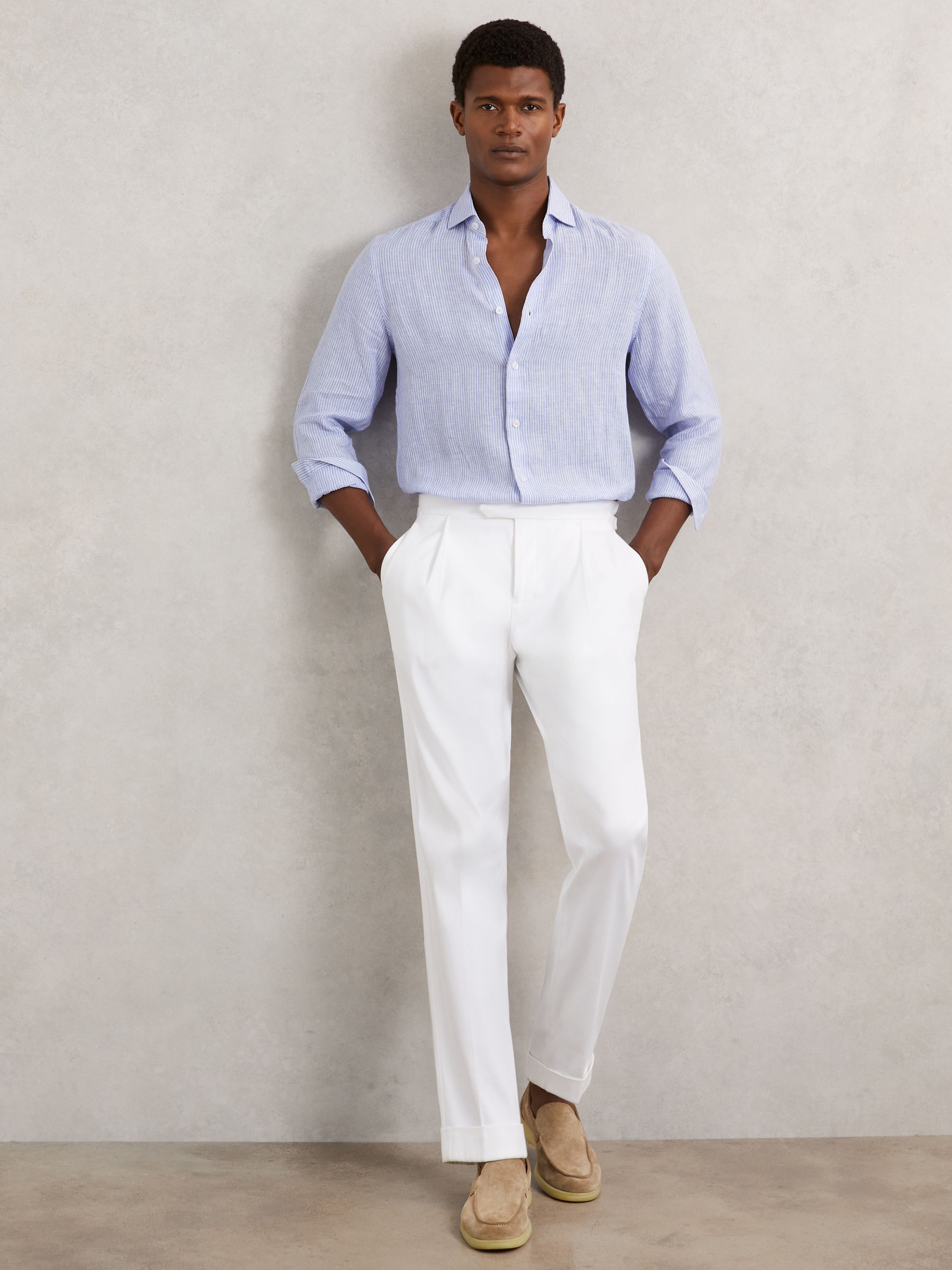 Linen Striped Long Sleeve Shirt in Soft Blue/White Fine Stripe