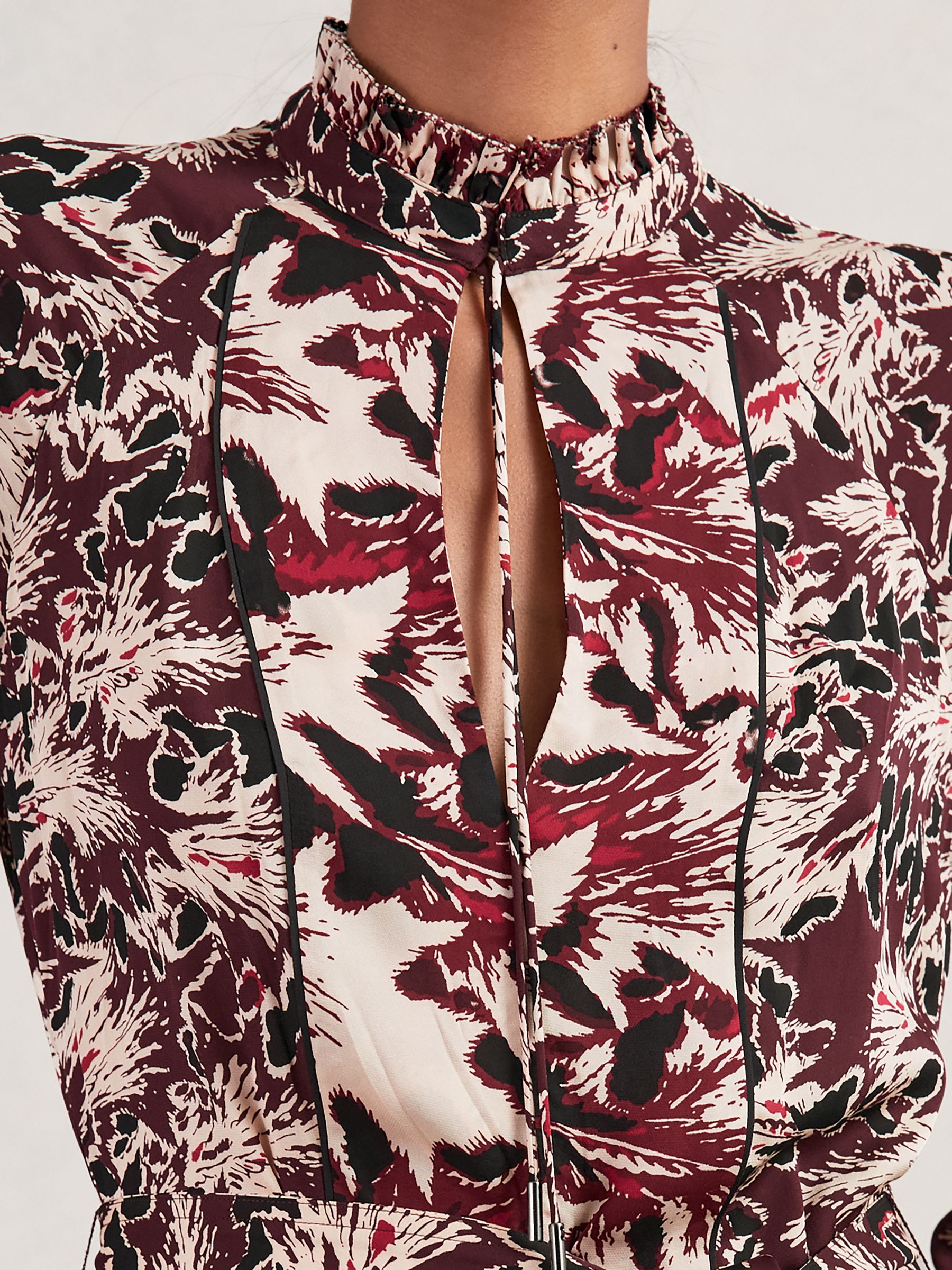 Printed Tie-Waist Flippy Mini Dress in Burgundy/Cream