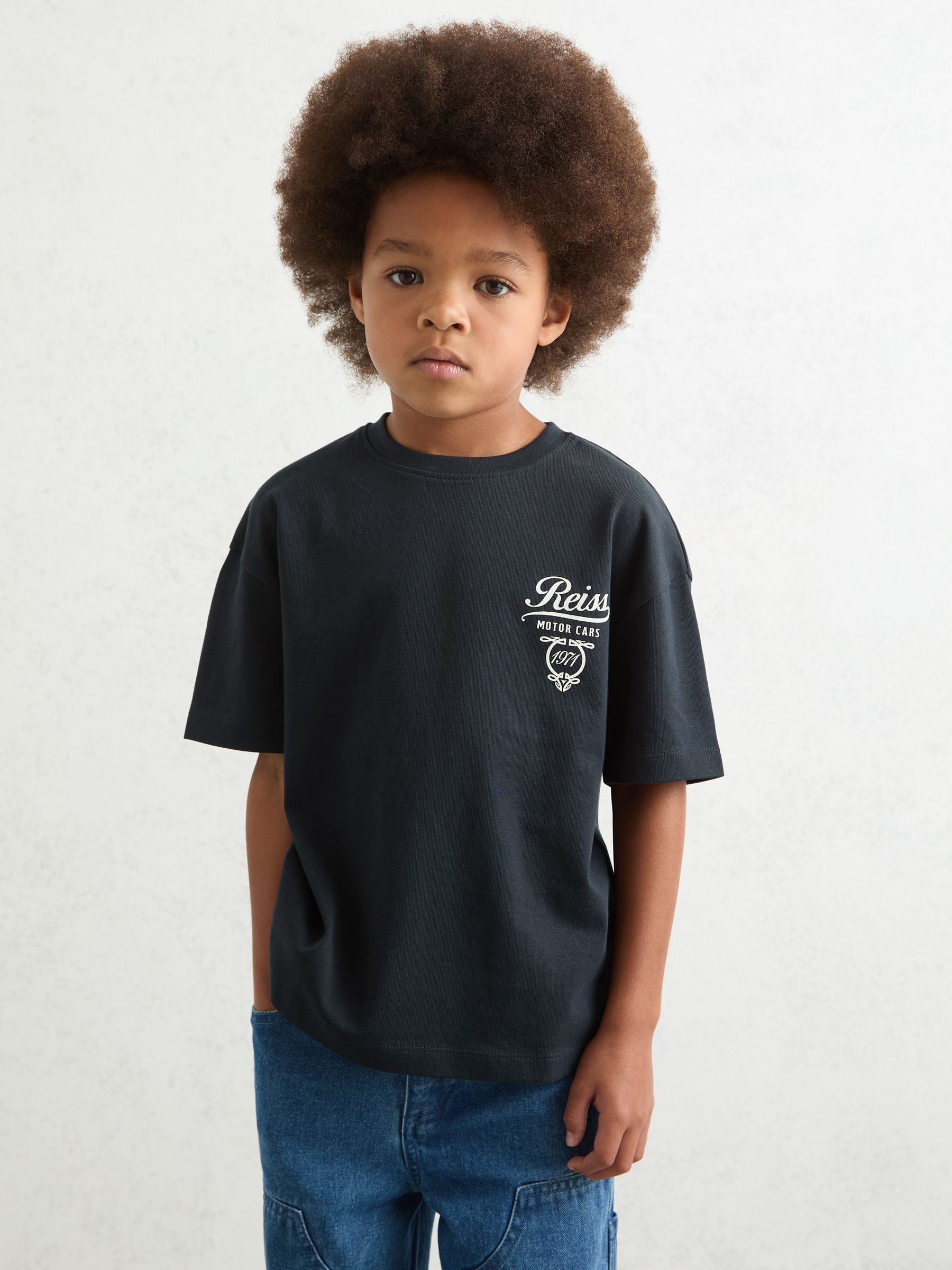 9-13 yrs Cotton Motor Cars-Print T-Shirt in Washed Blue/White