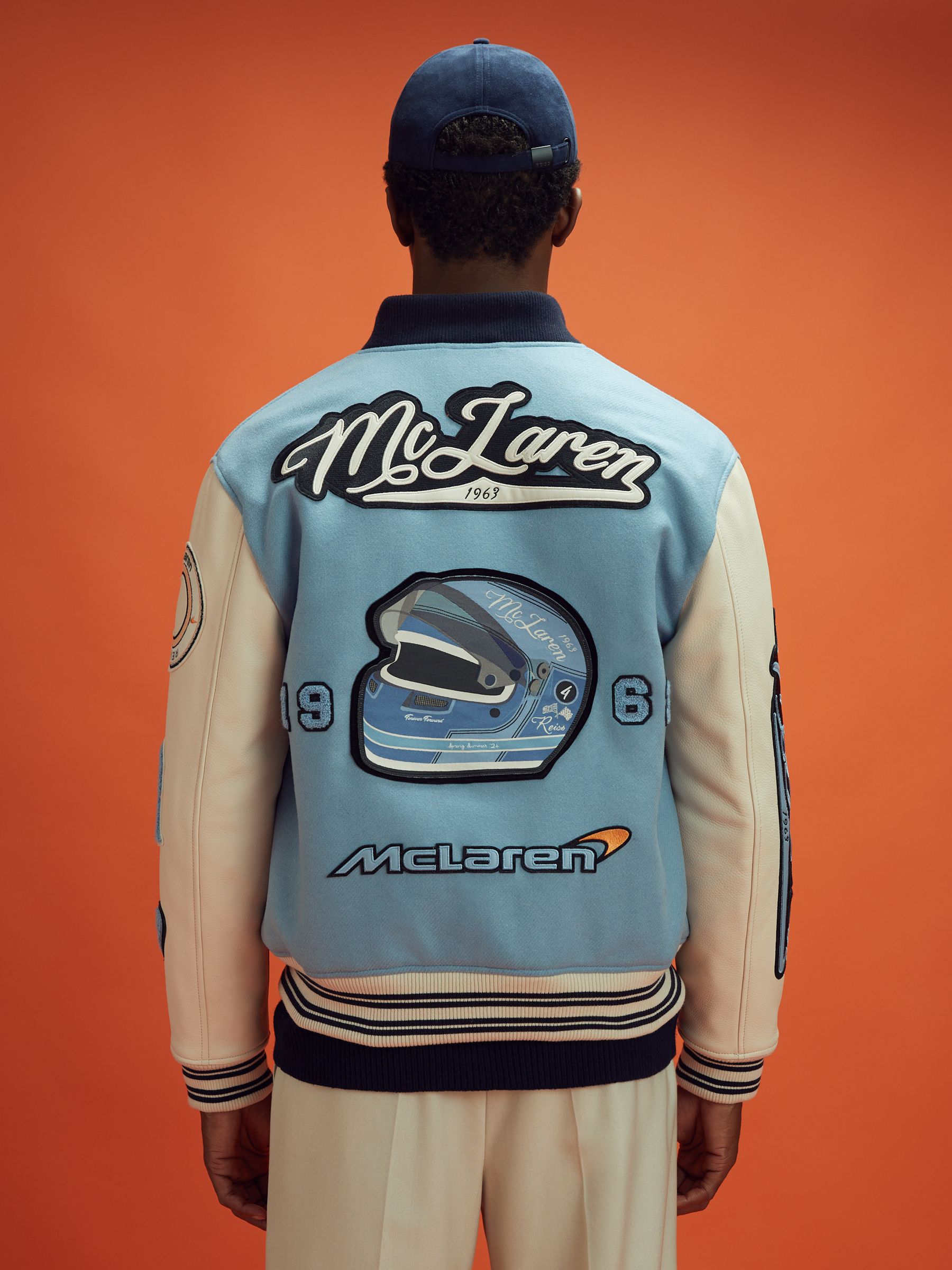 Leather Varsity Jacket in Soft Blue/Ecru
