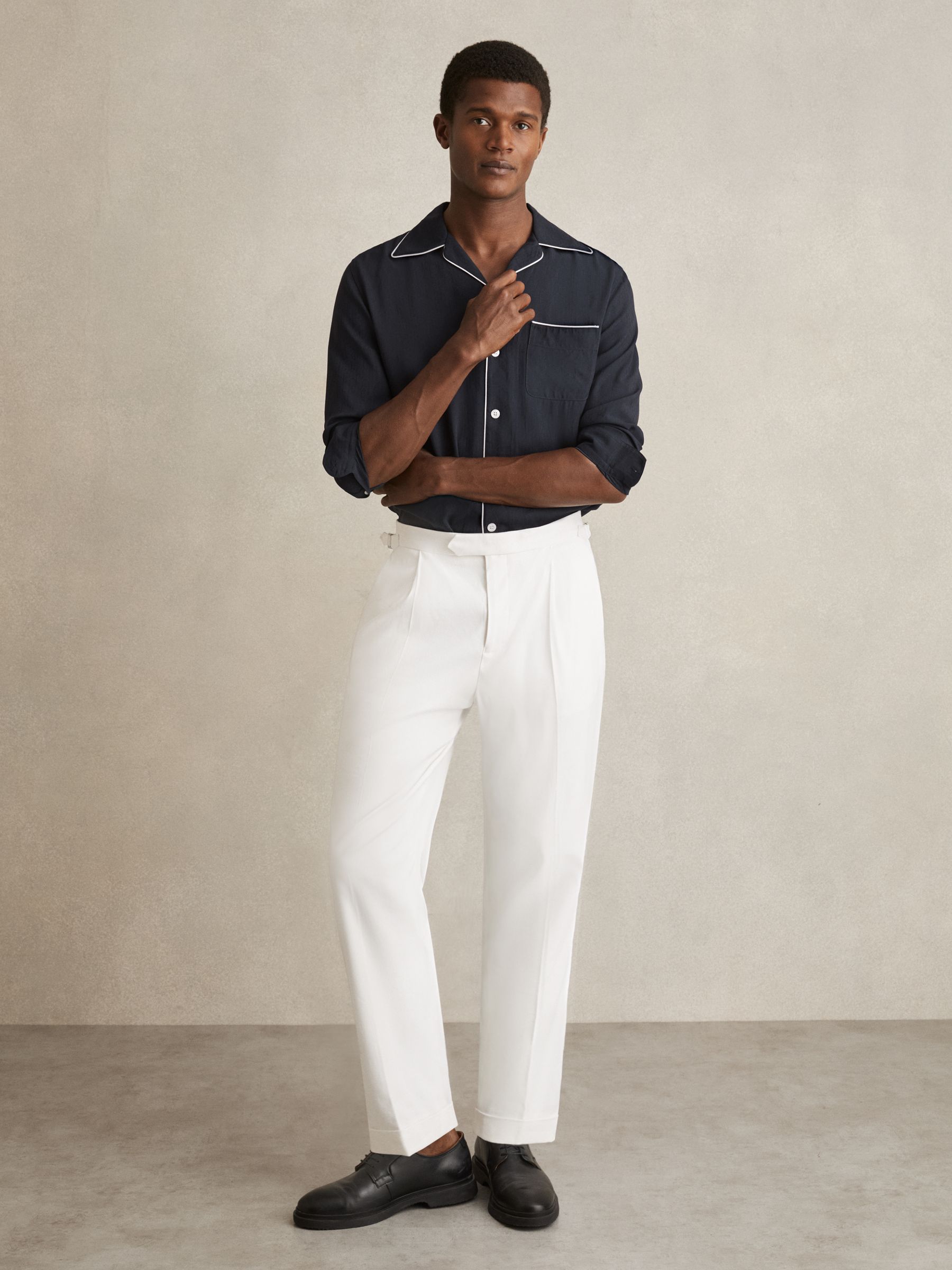 Cuban Collar Shirt with Piping Detail Shirt in Navy