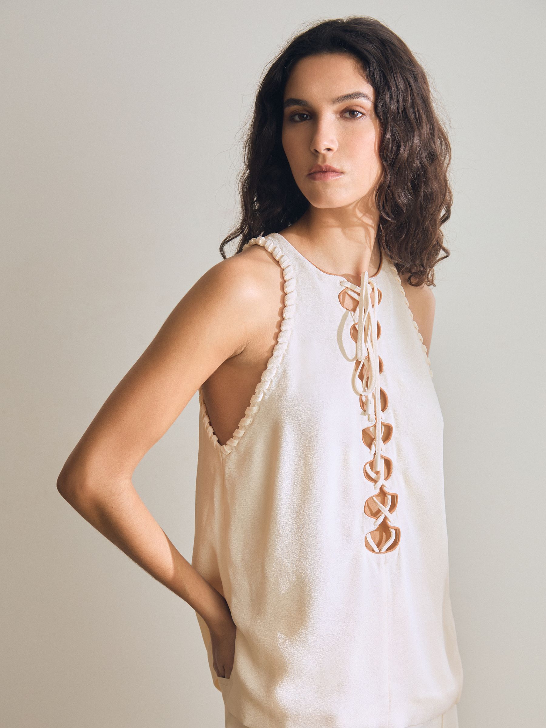 Atelier Satin-Crepe Cut-Out Top in Cream
