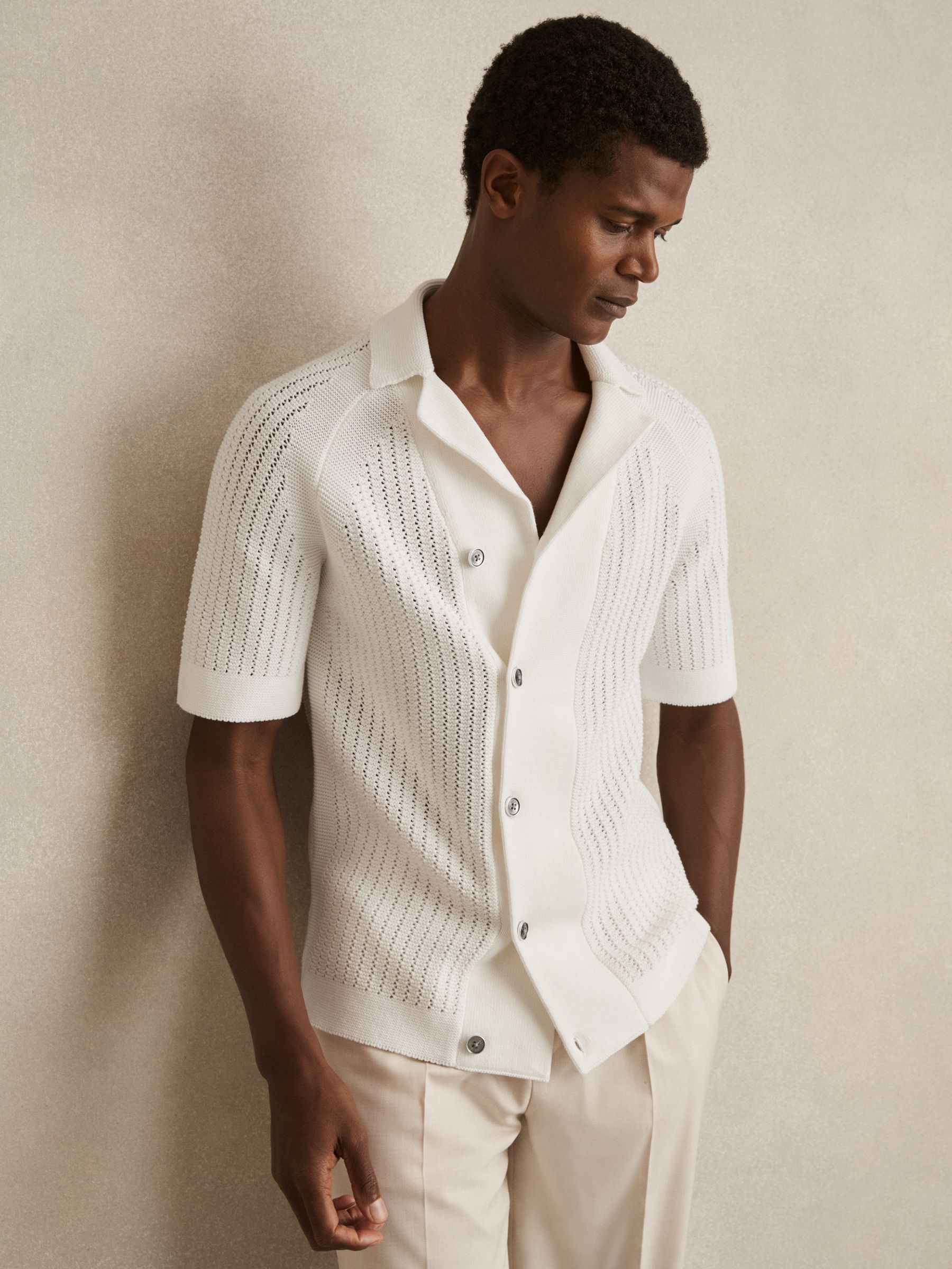 Cotton Textured-Knit Cuban-Collar Shirt in White