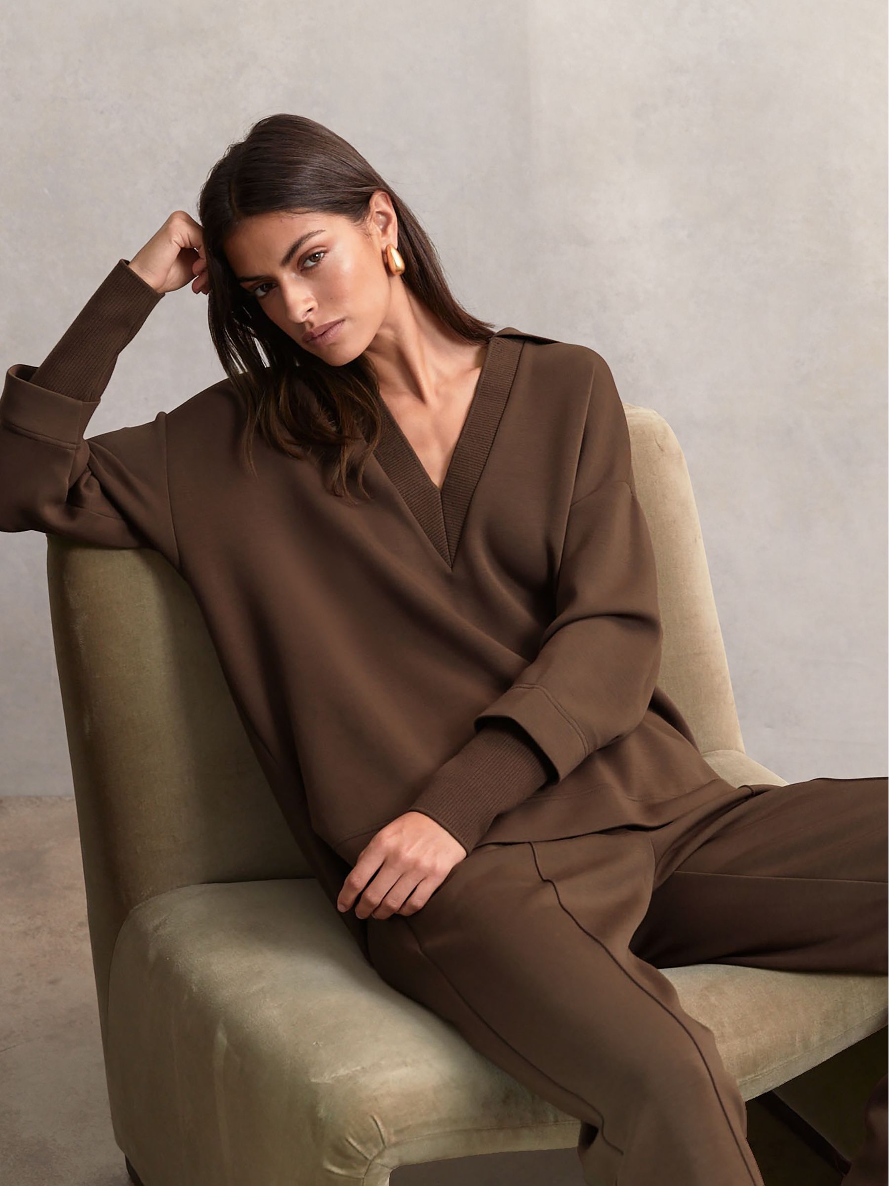 Interlock Open-Collar Sweatshirt in Chocolate