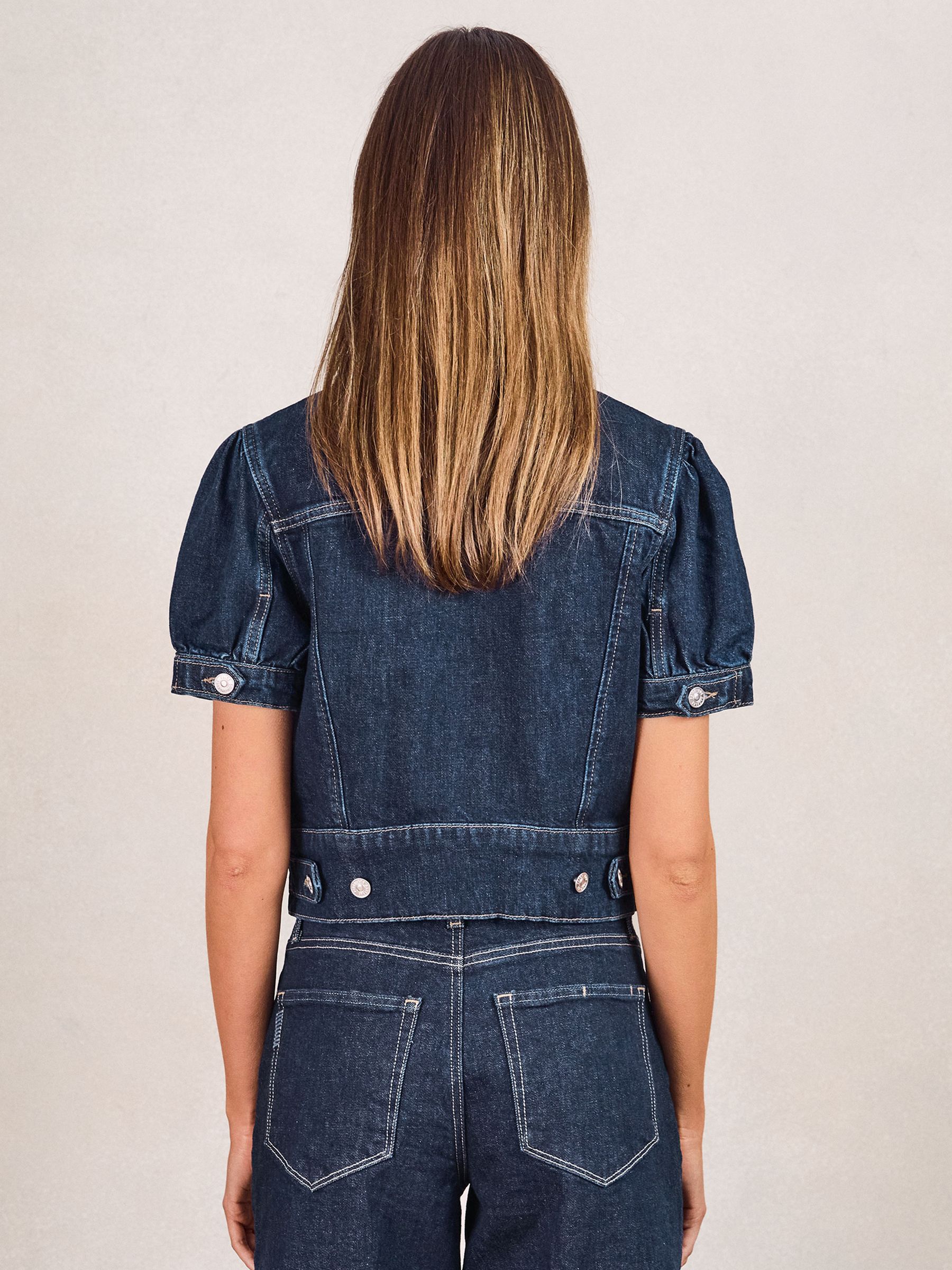 Paige Puff-Sleeve Short Denim Jacket in Emberlynn Blue