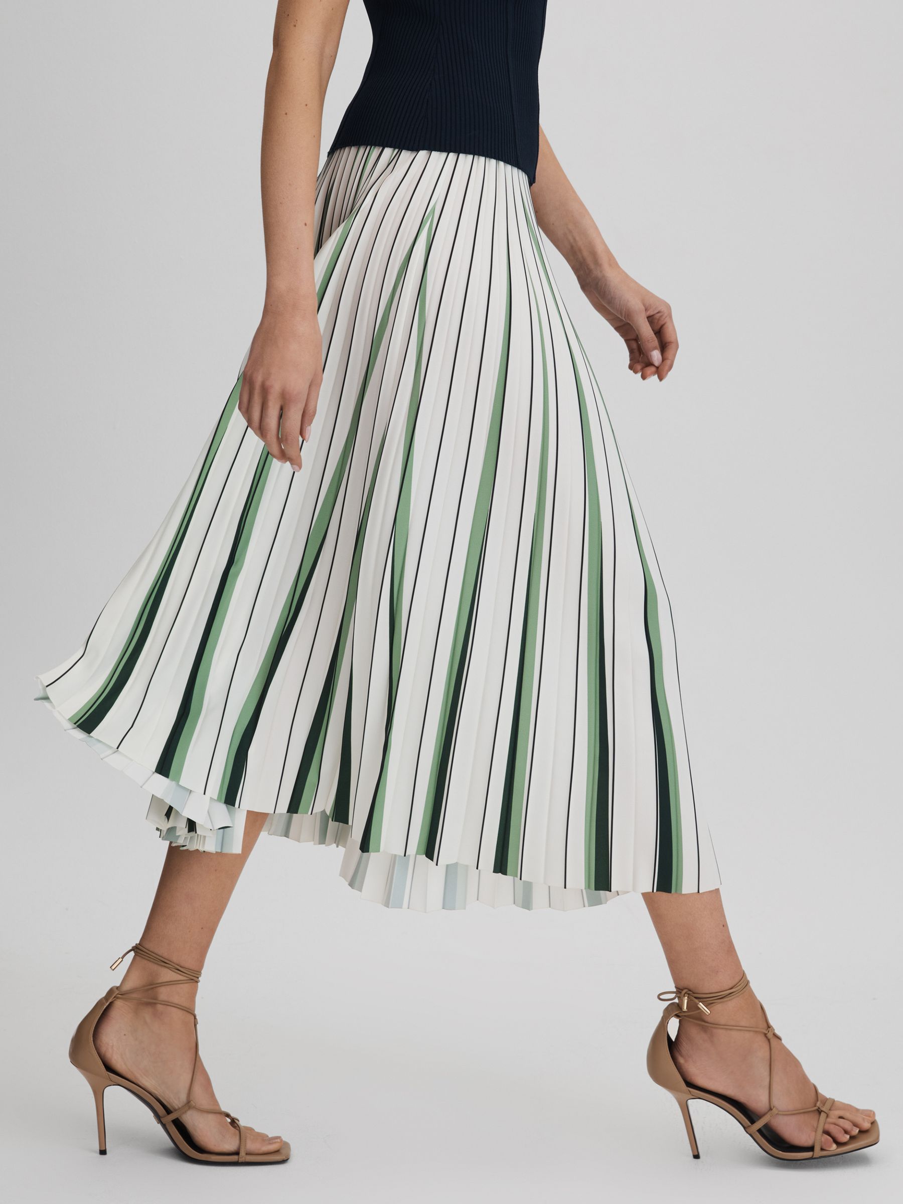Pleated Striped Midi Skirt in Green/Cream
