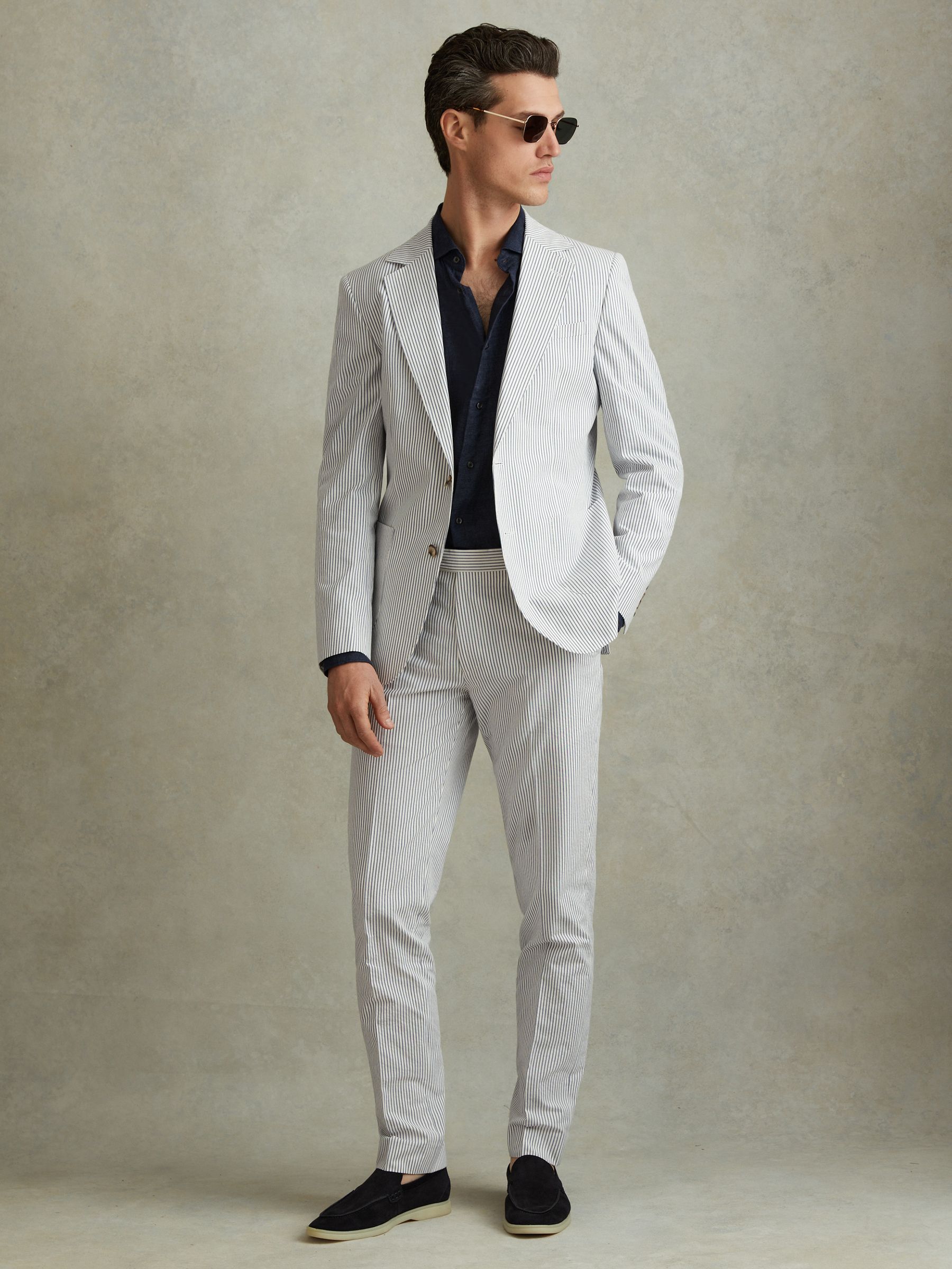 Barr Soft Blue/White Cotton Seersucker Single Breasted Slim Fit Blazer