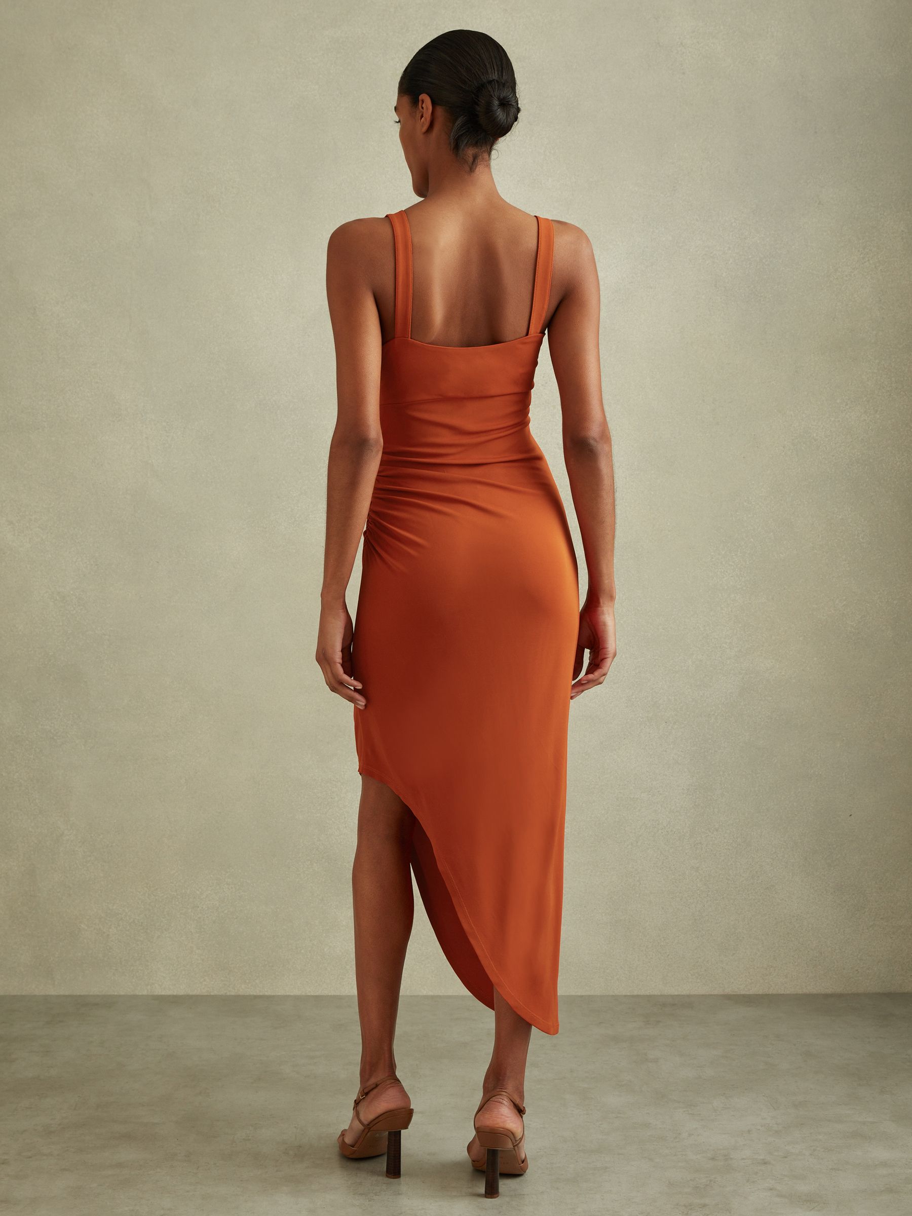 Jersey Ruched Midi Dress in Rust