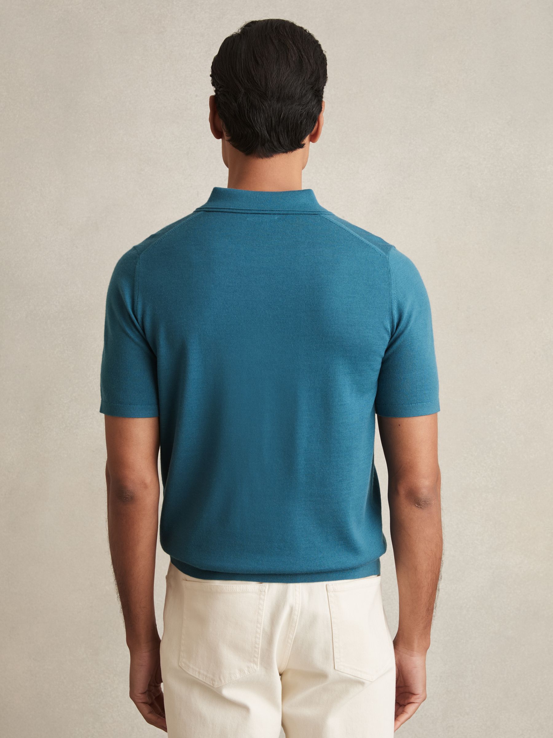 Merino Wool Half-Zip Polo Shirt in Deep Teal Blue
