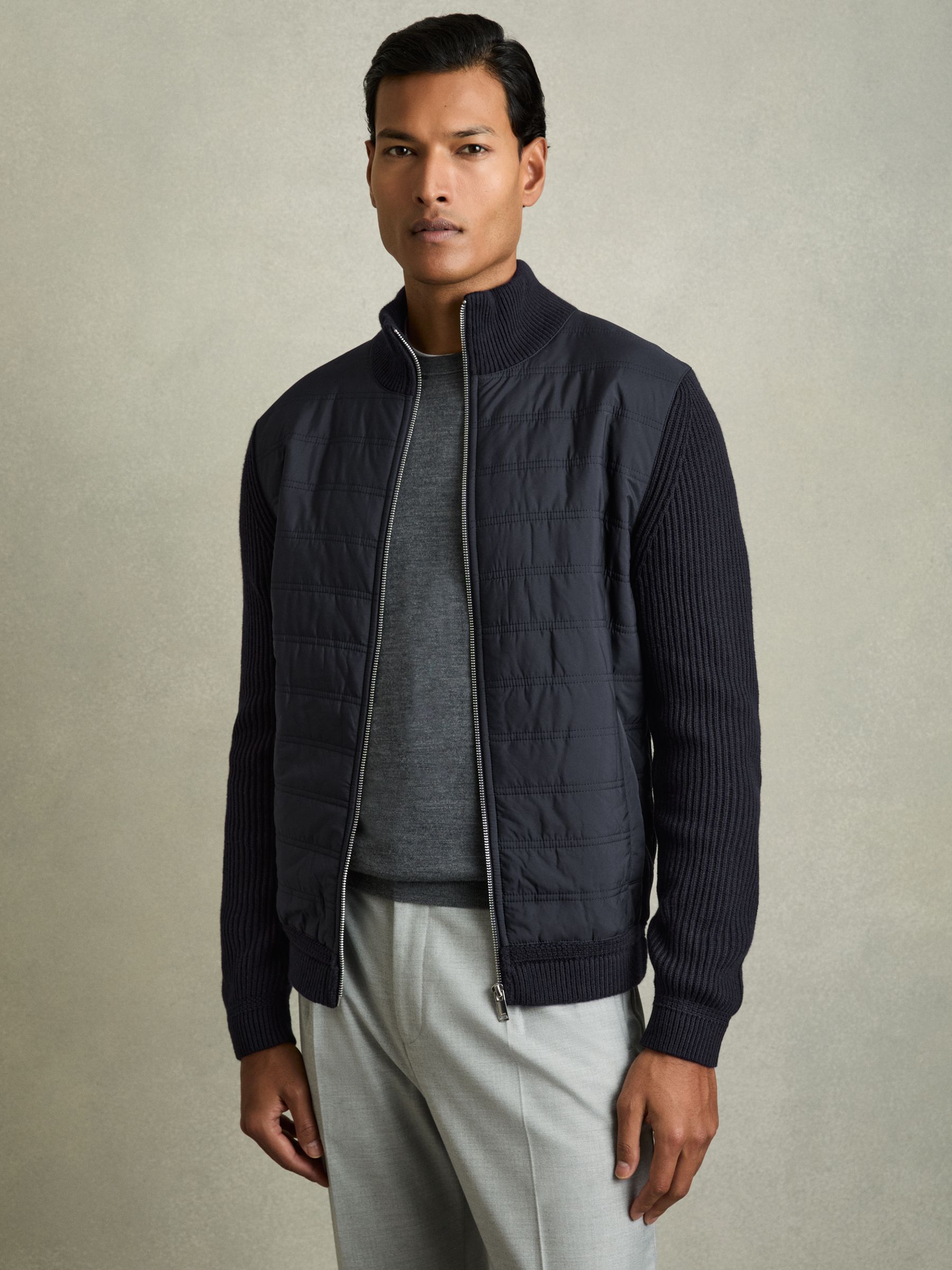 Hybrid Quilt and Knit Zip-Through Jacket in Navy