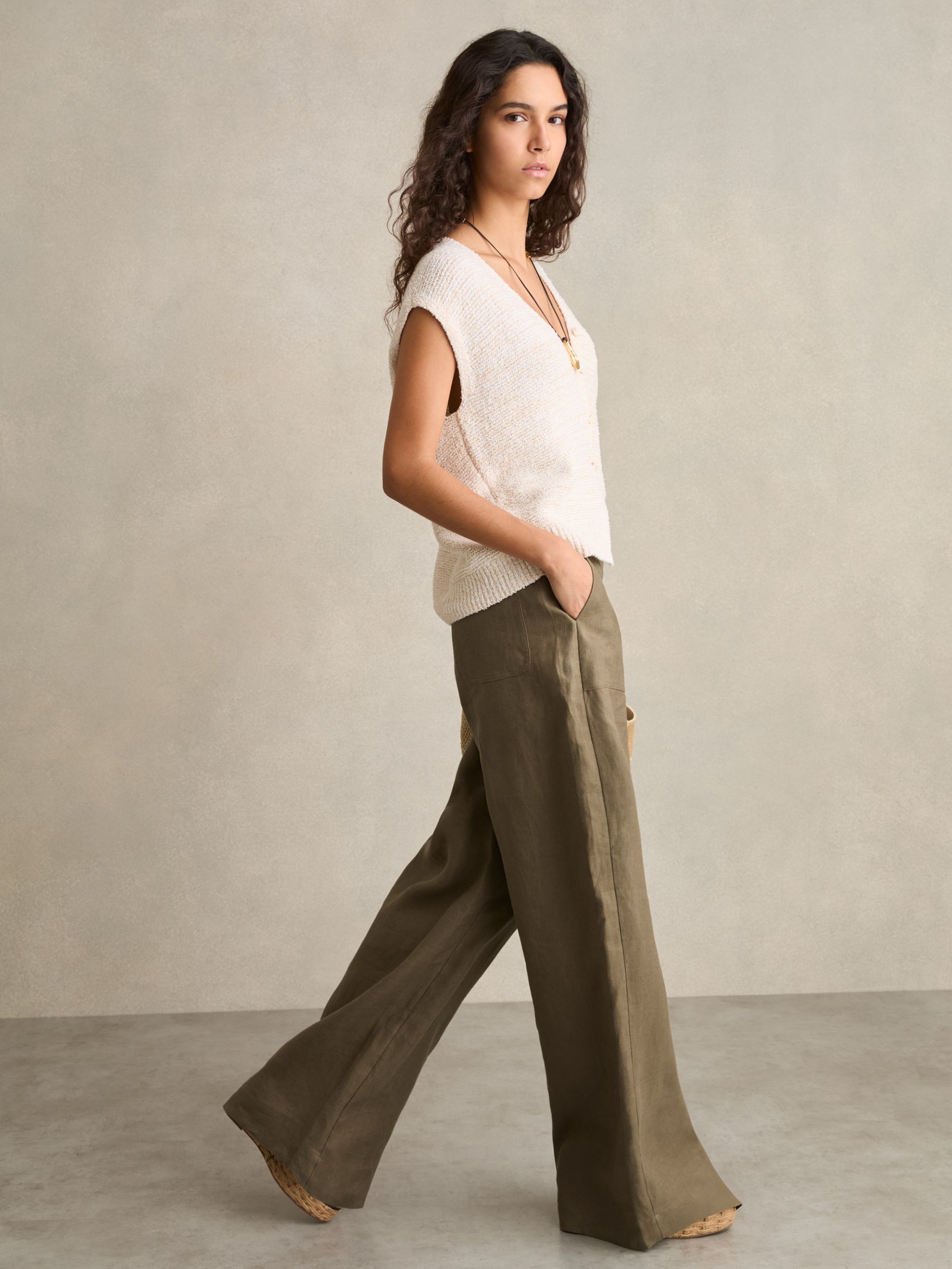 Petite Linen Wide Leg Trousers in Khaki