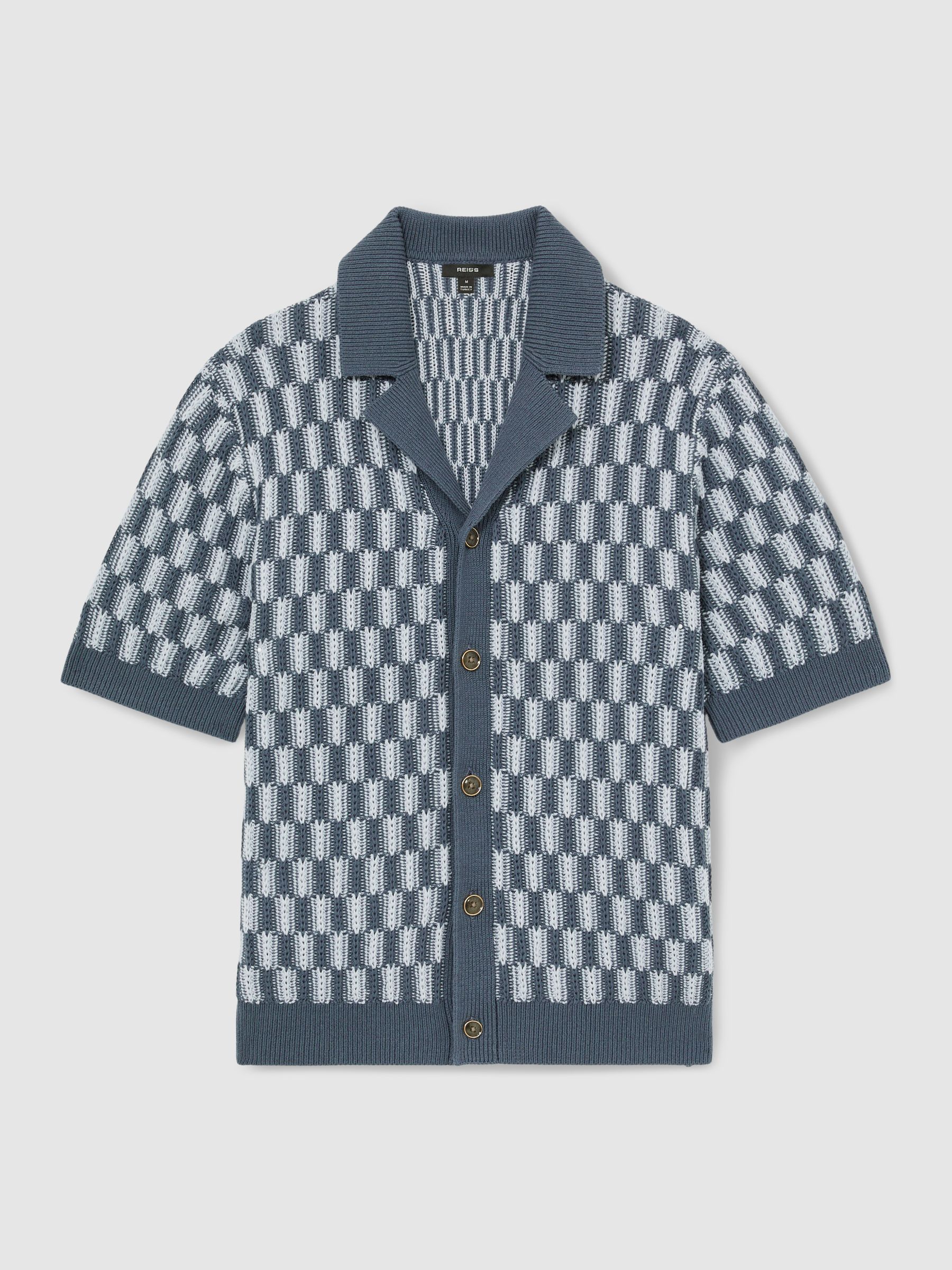 Cotton Checkerboard-Knit Shirt in Airforce Blue/Soft Blue