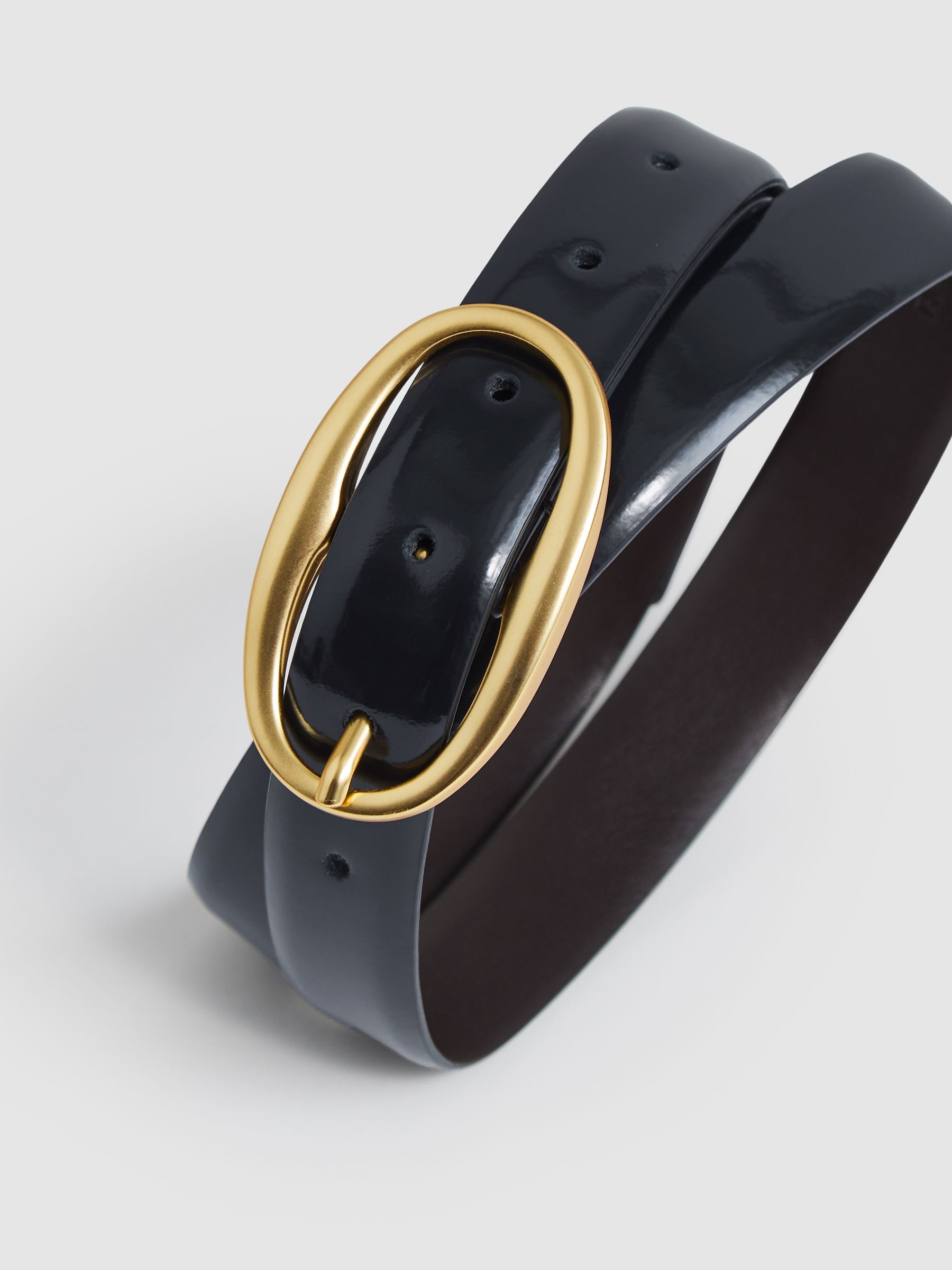 Patent Leather Oval Buckle Belt in Navy