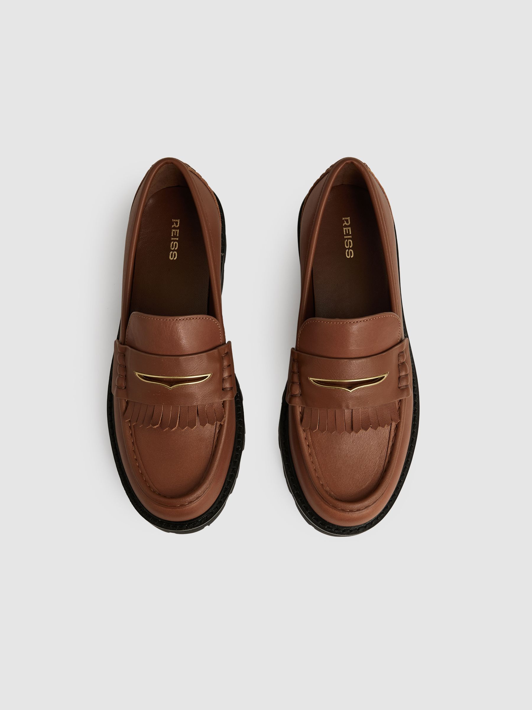 Leather Fringed Chunky Penny Loafers in Tan