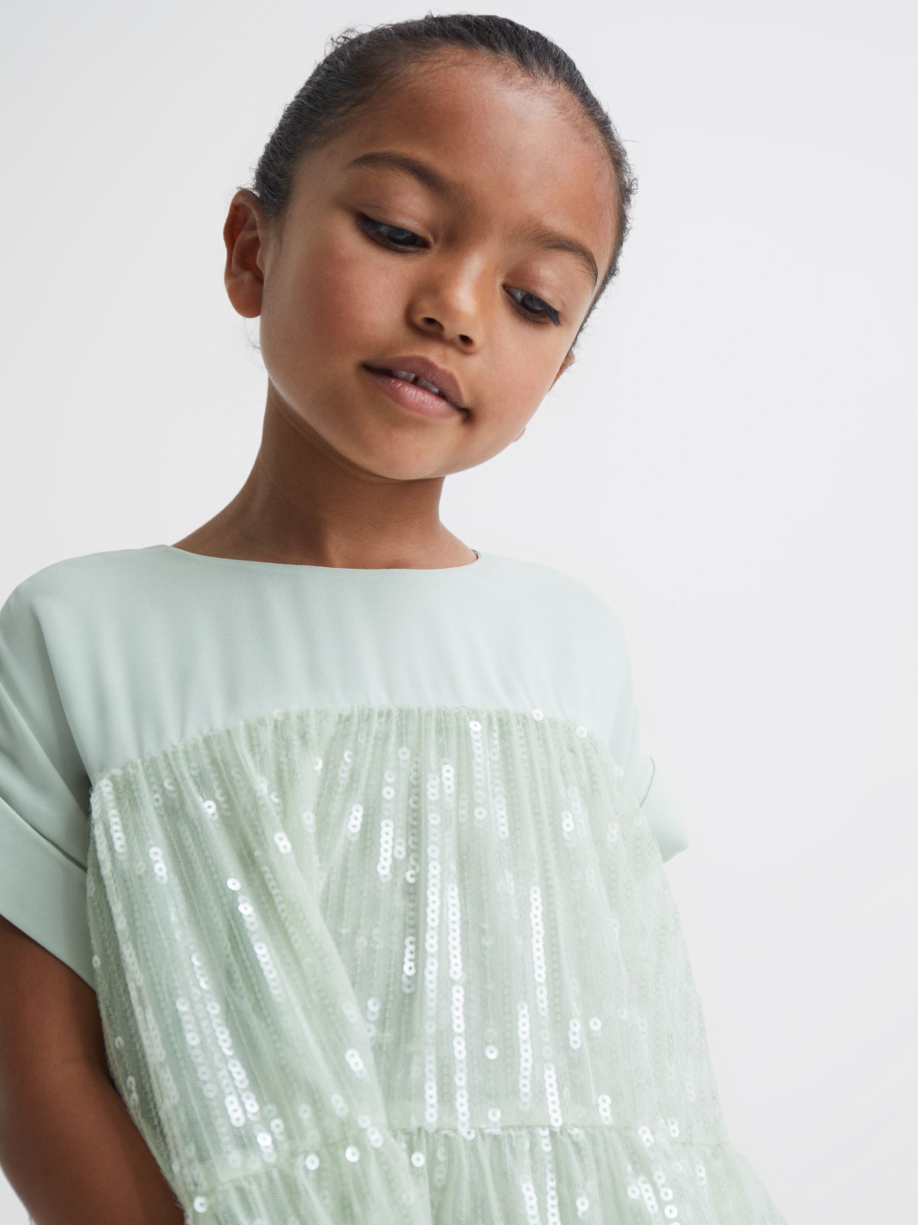 9-12 yrs Sequin Tiered Dress in Sage