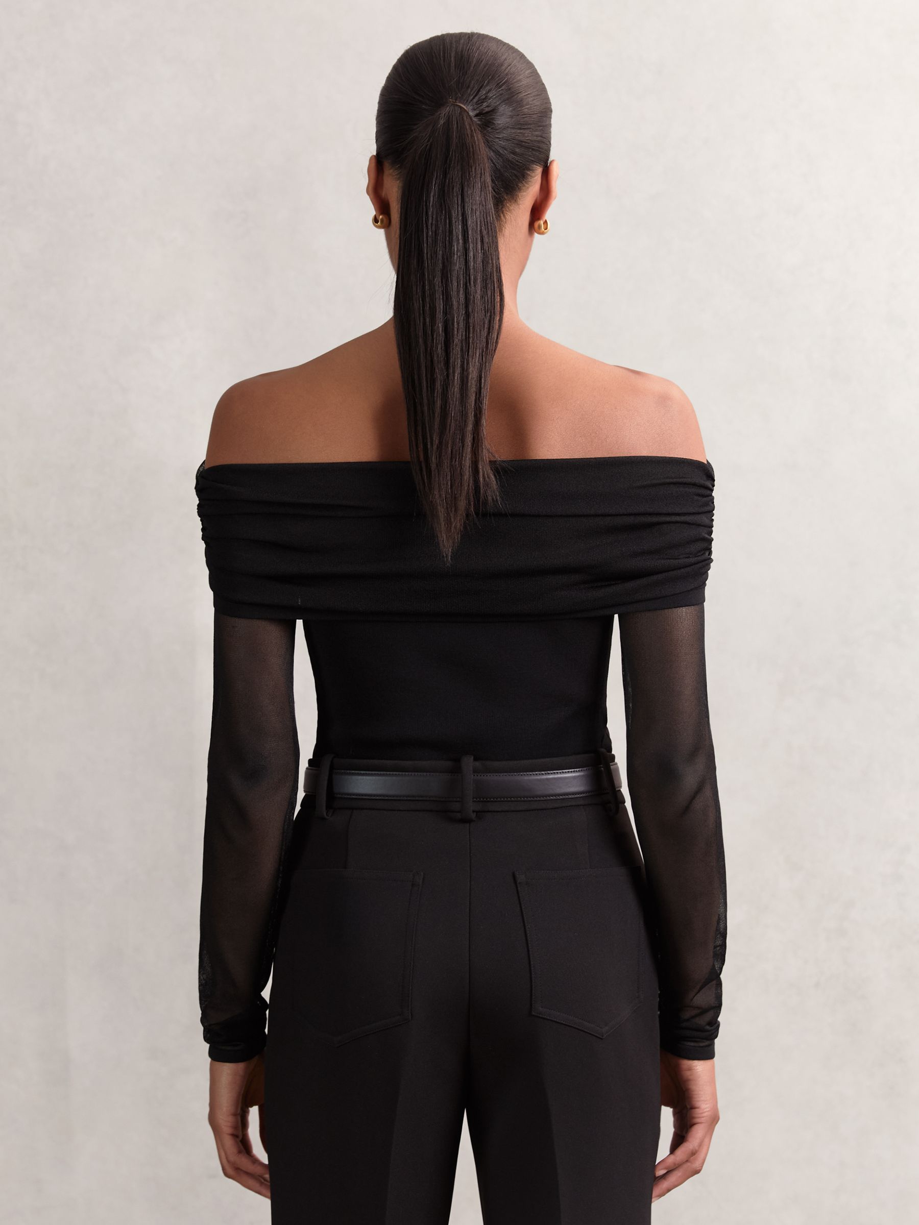 Sheer Mesh Bardot Top in Black