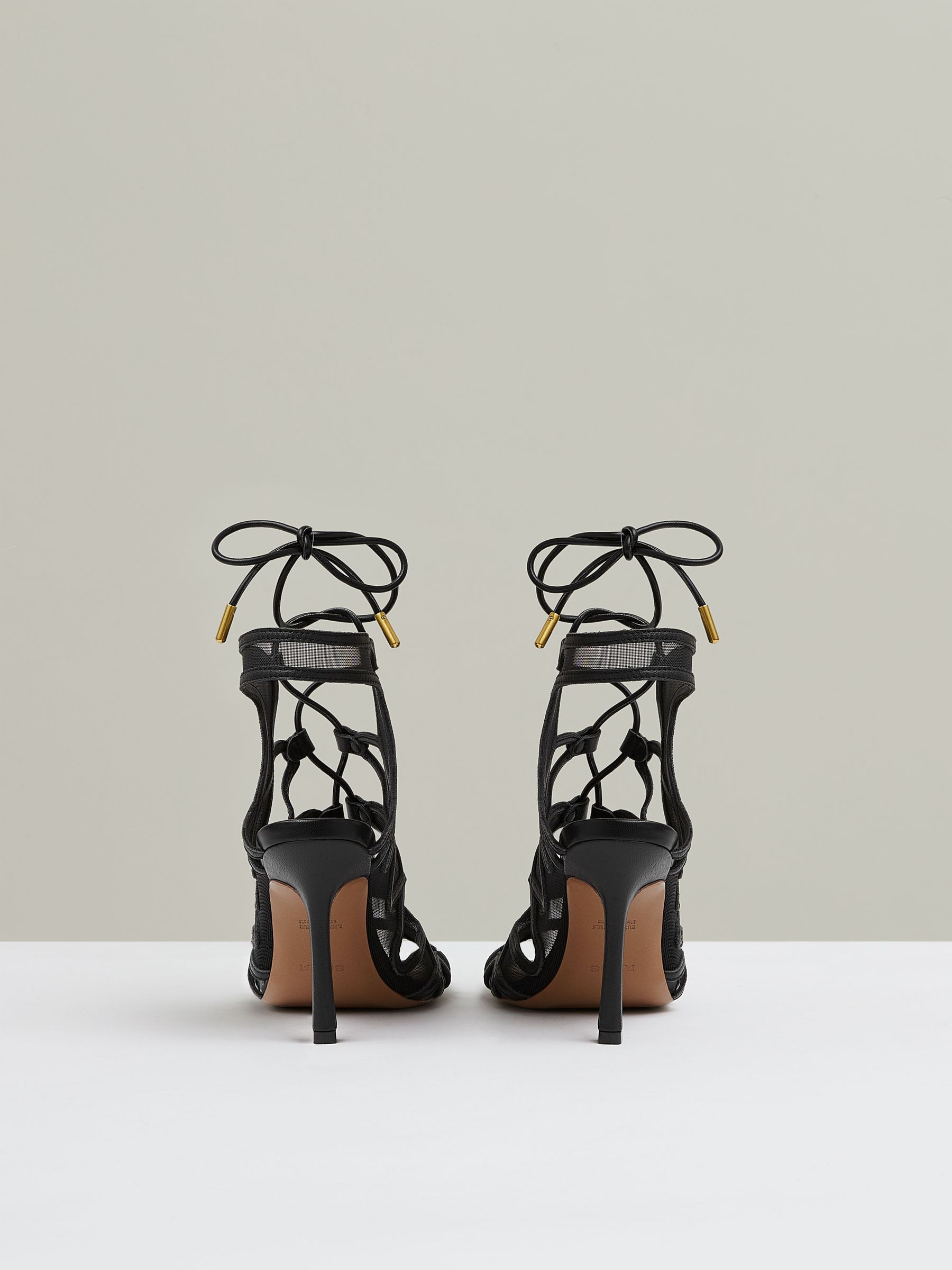 Mesh Leather Strappy Heels in Black