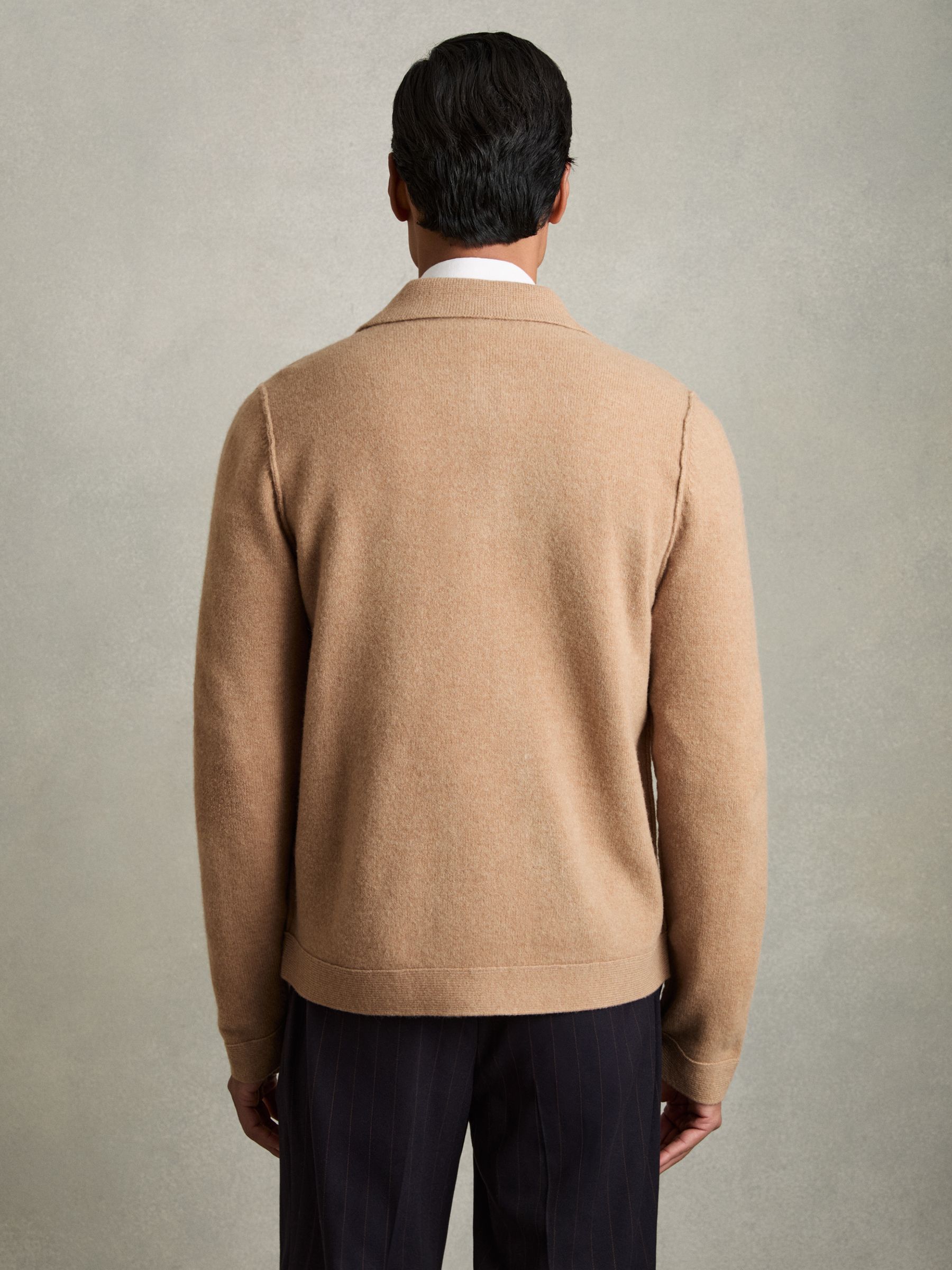 Wool Button Through Knitted Jacket in Camel Melange