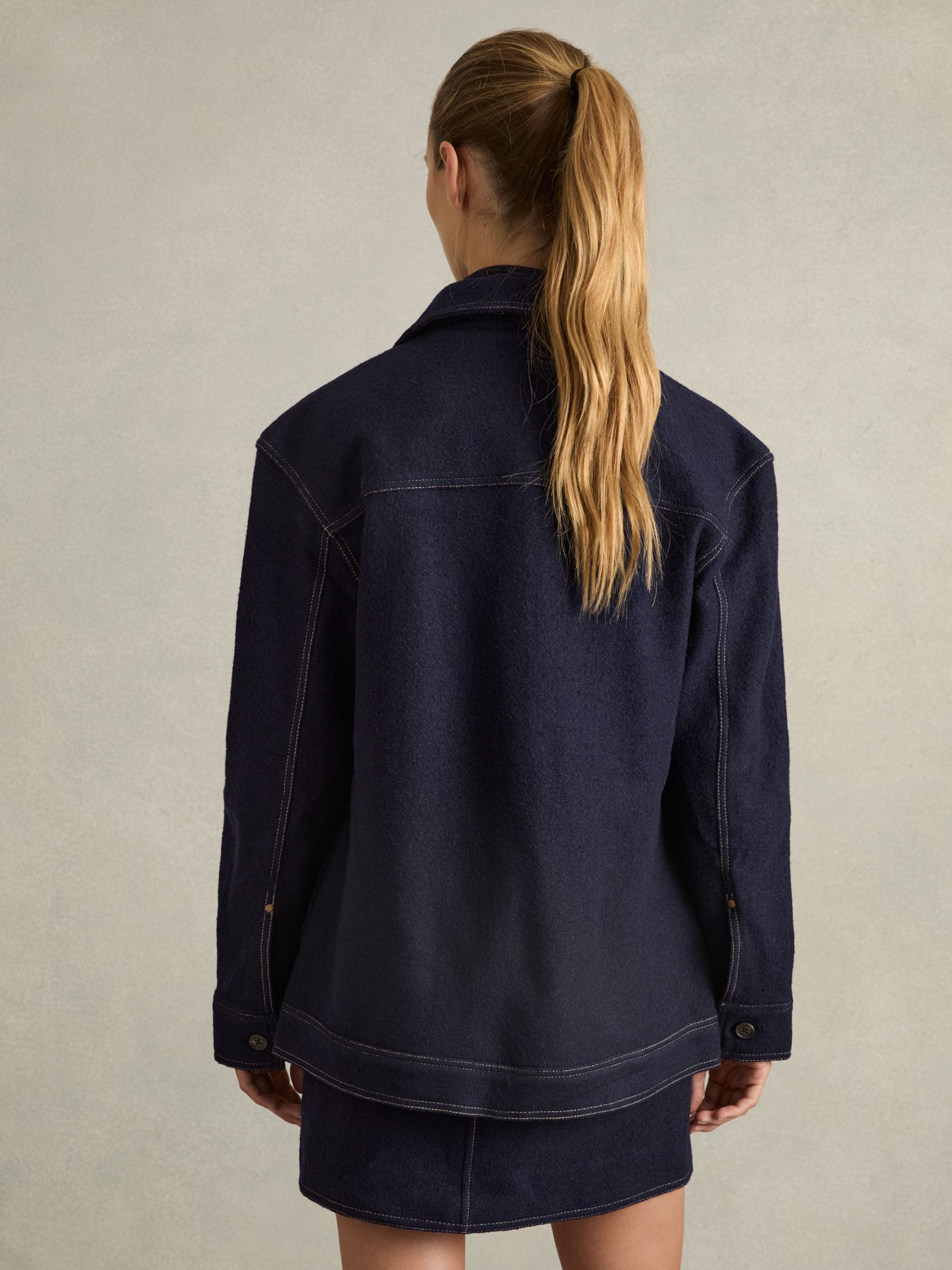 Wool-Blend Topstitch Woven Shirt in Navy