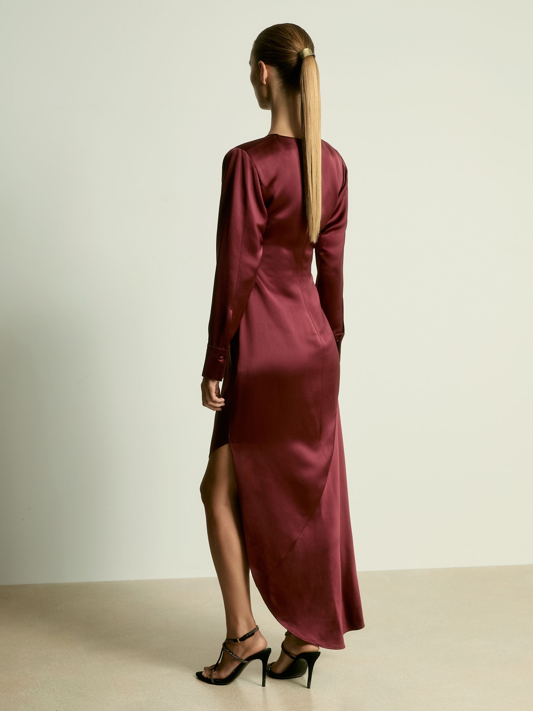 Petite Satin Asymmetric Draped Maxi Dress in Burgundy