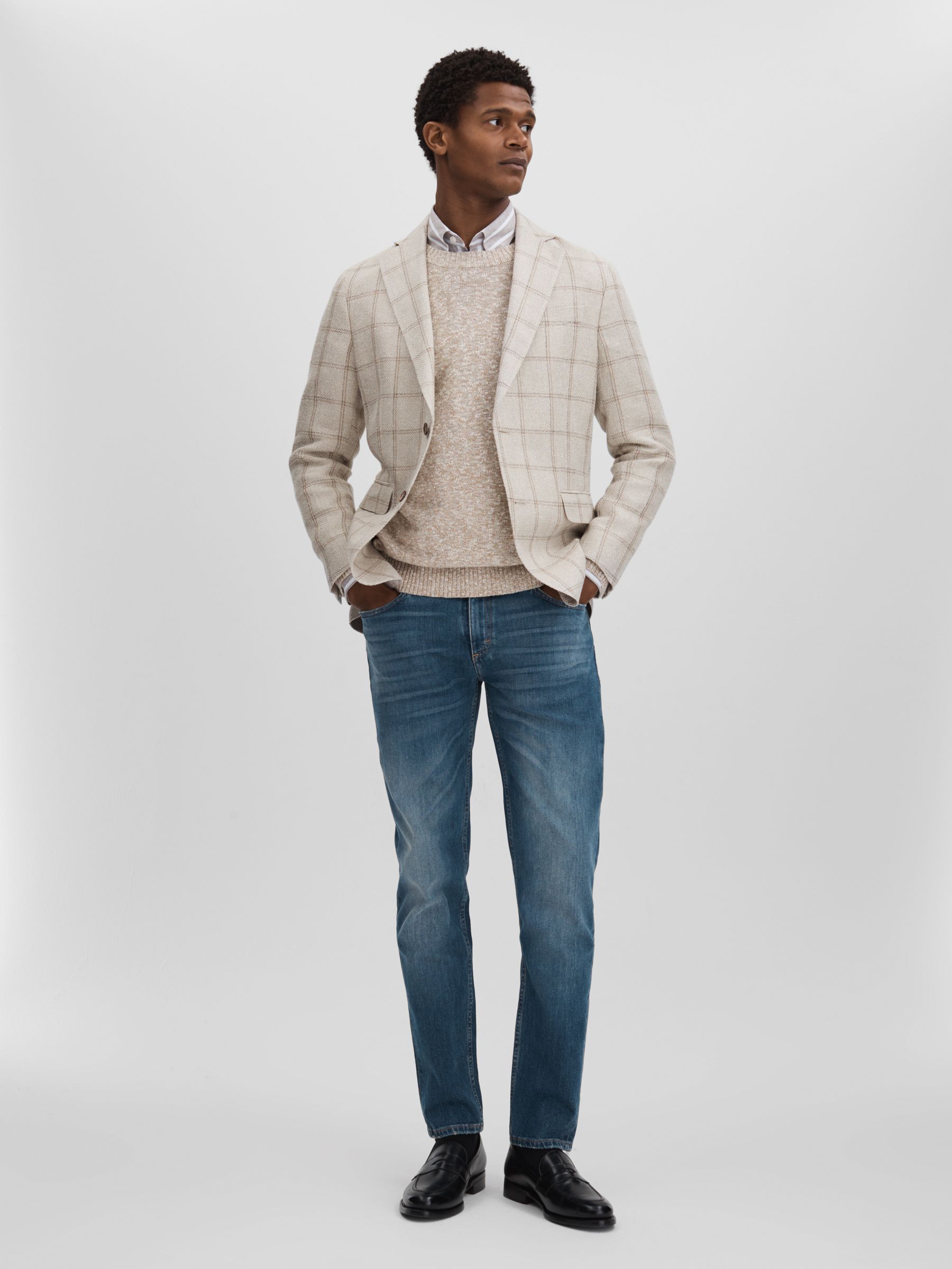 Oscar Jacobson Linen Blend Single Breasted Check Blazer in Cream