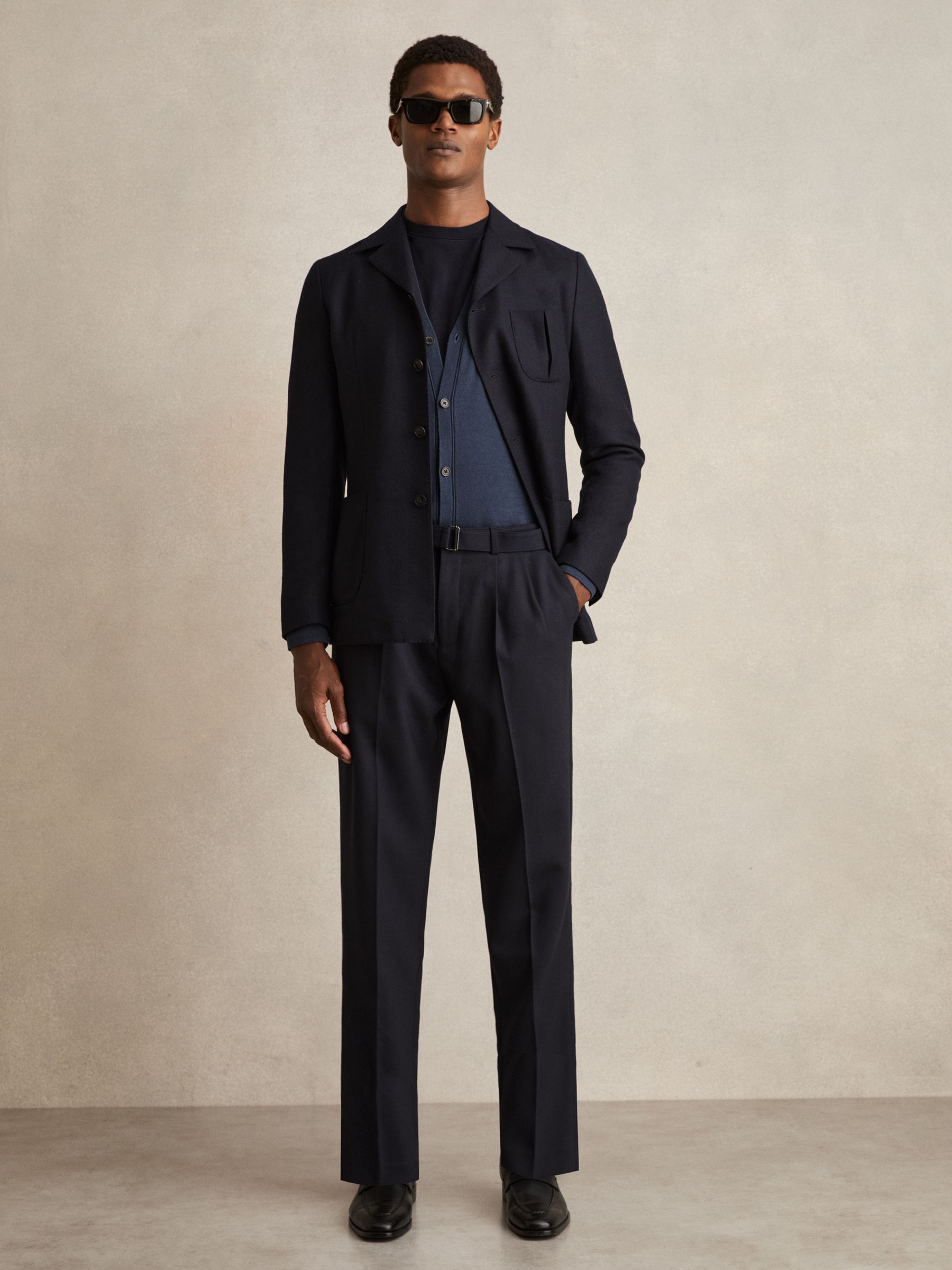 Wool-Blend Belted Trousers in Navy
