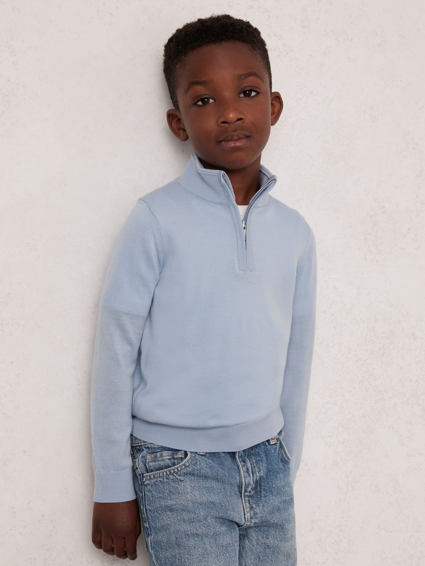 3-9 yrs Merino Wool Half-Zip Funnel Neck Jumper in Soft Blue Melange