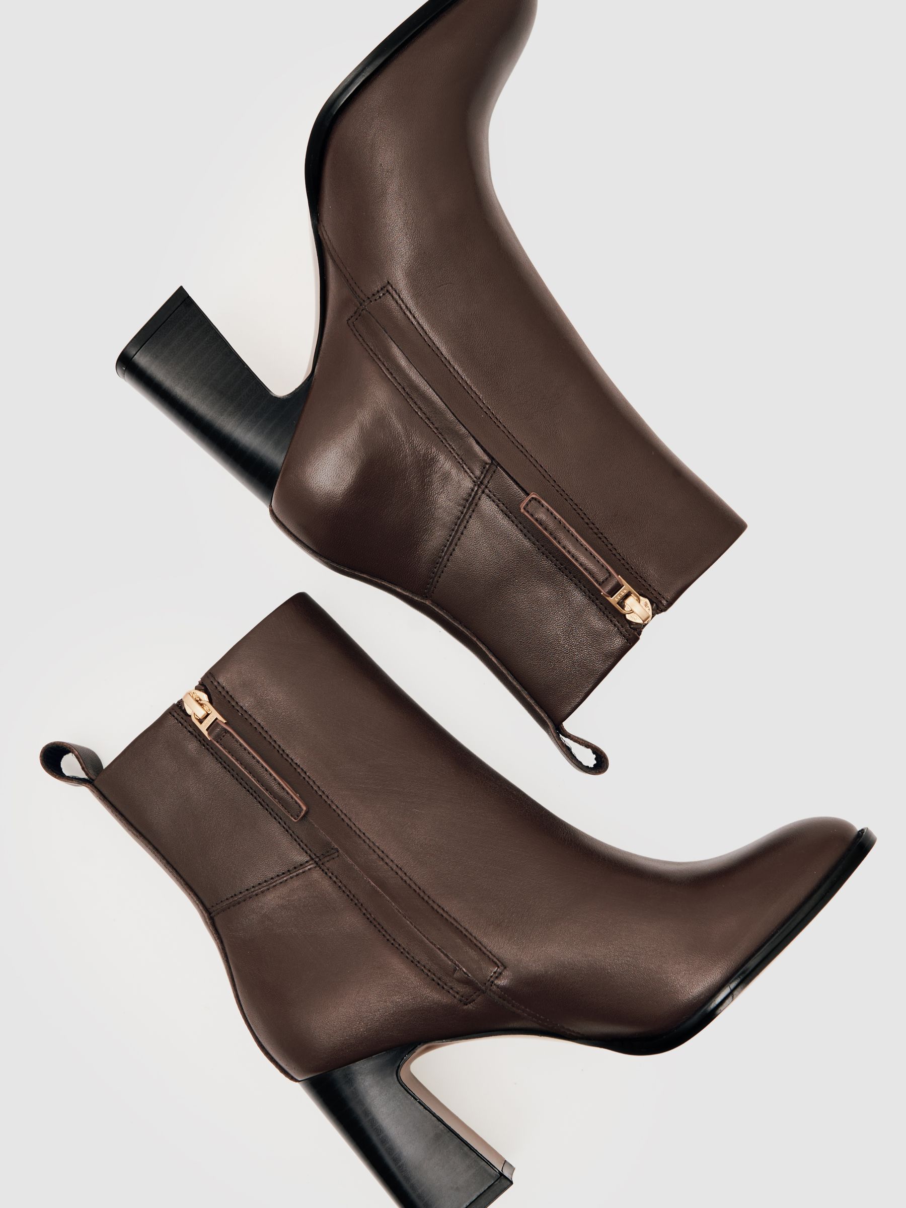 Leather Block-Heel Ankle Boots in Brown
