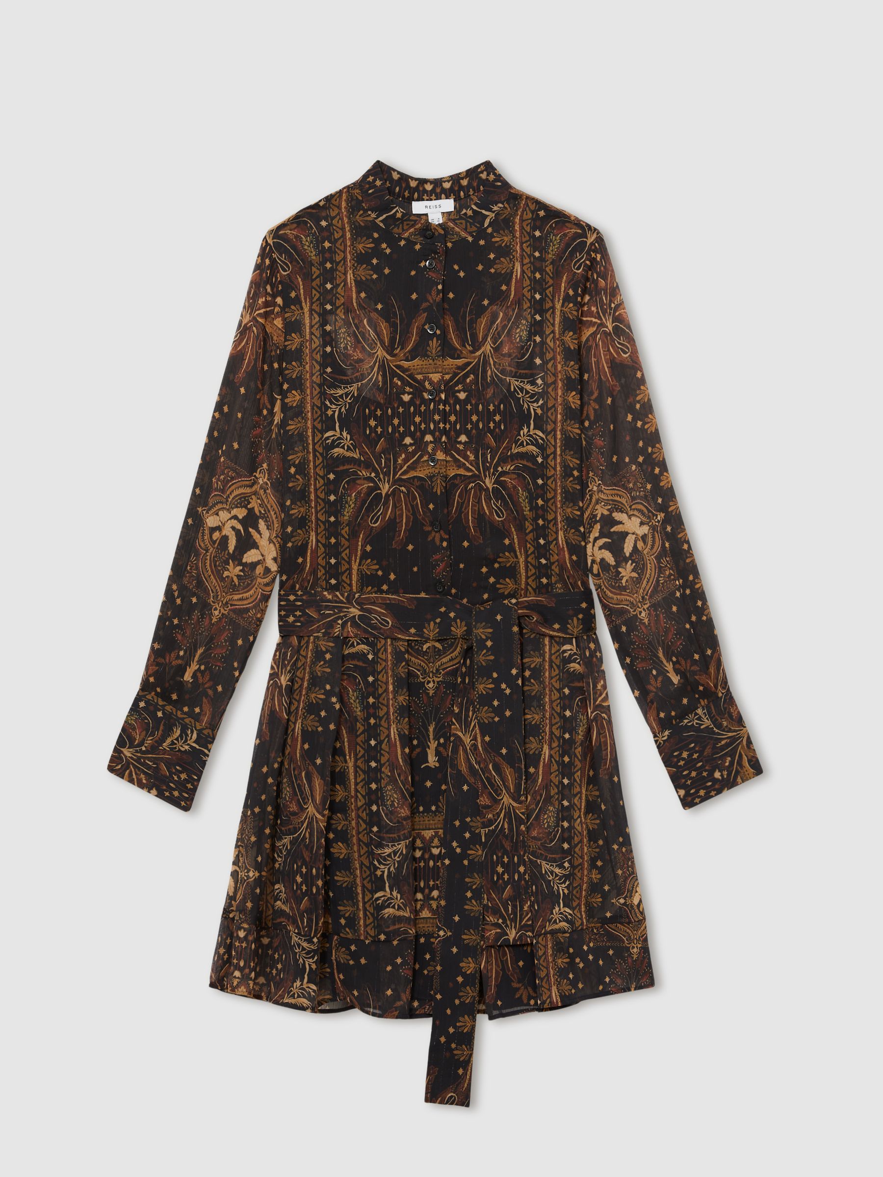 Botanical-Print Chiffon Mini Dress in Navy