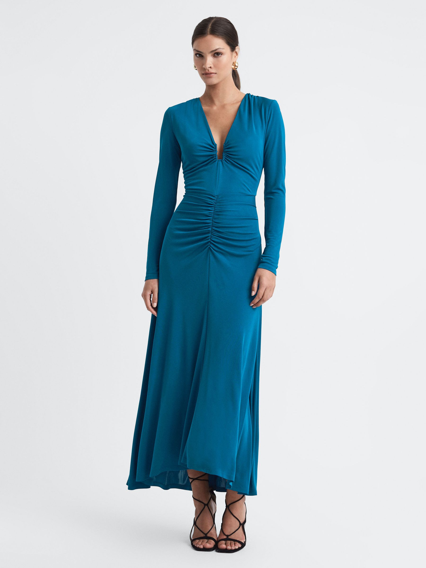 Plunge Neck Ruche Midi Dress in Teal