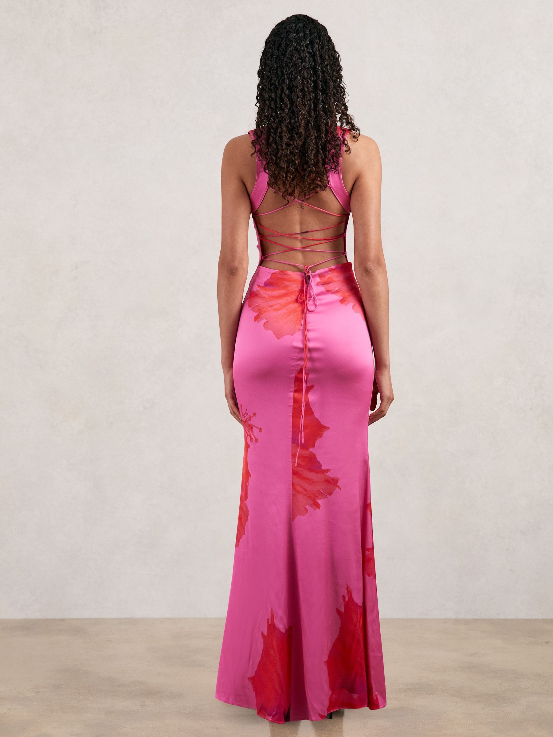 Good American Satin Floral Maxi Dress in Pink