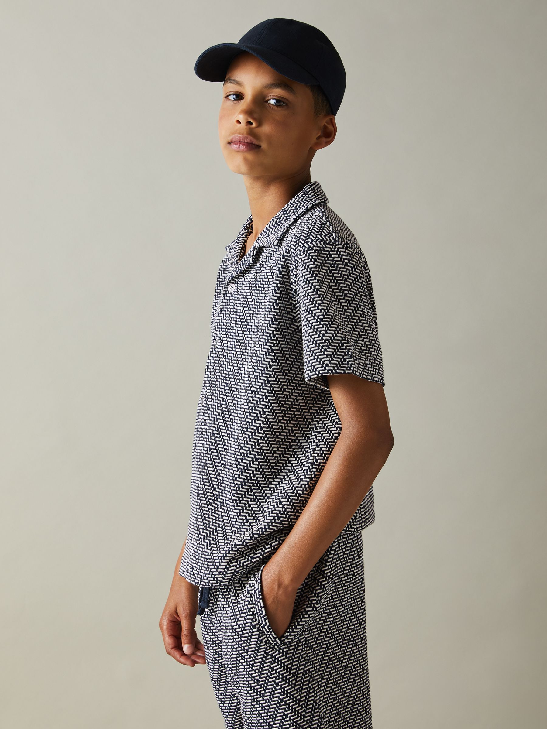 9-13 yrs Zig-Zag Cuban Collar Shirt in Navy