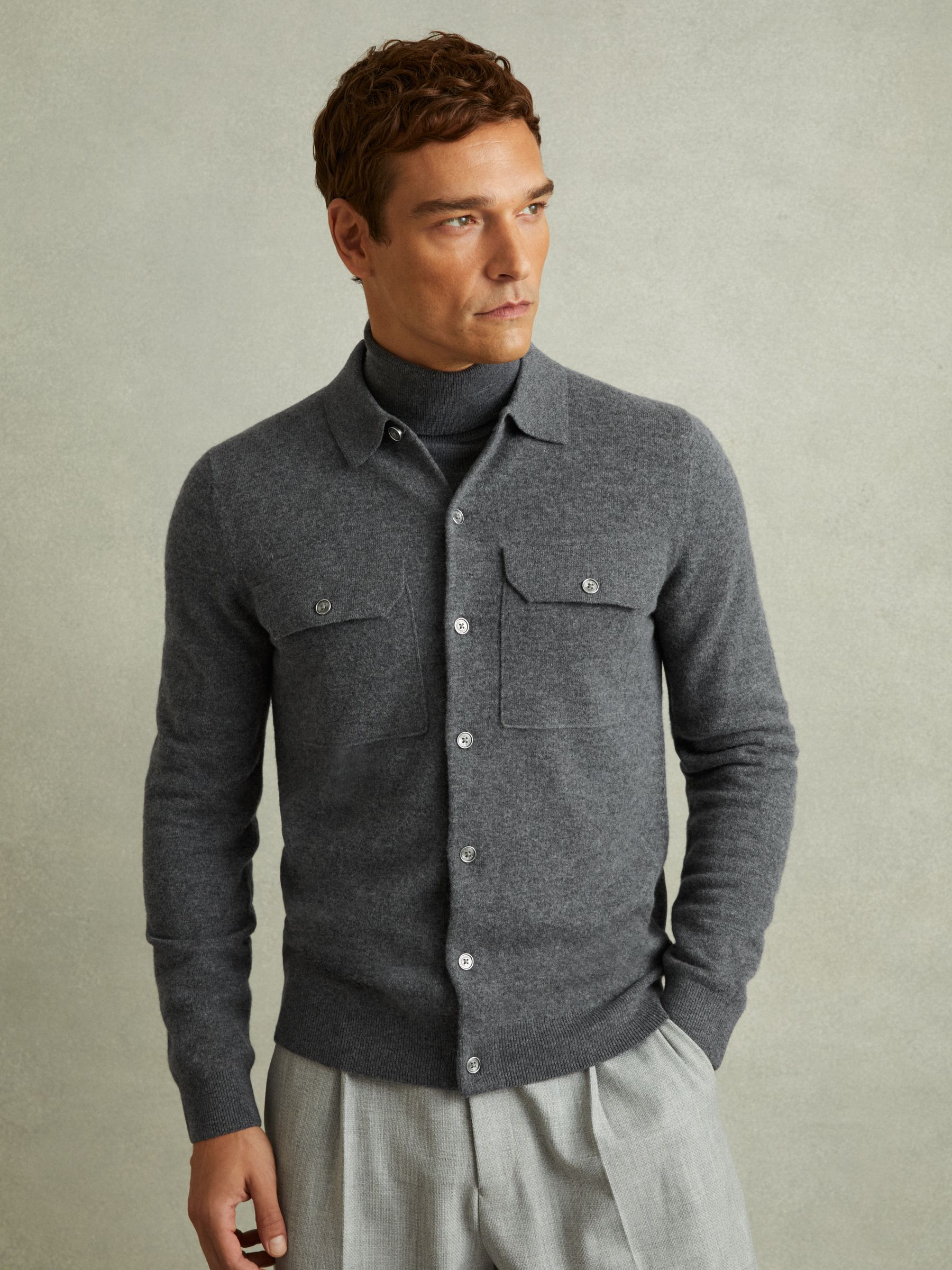Merino Wool Button-Front Cardigan in Grey Melange
