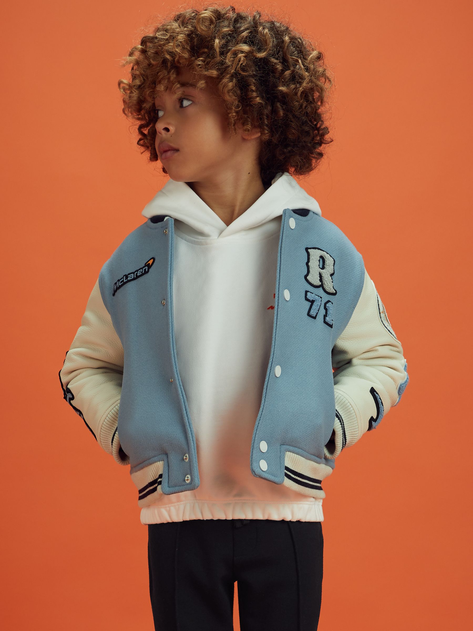 3-9 yrs McLaren F1 Leather Varsity Jacket in Airforce Blue/Ecru