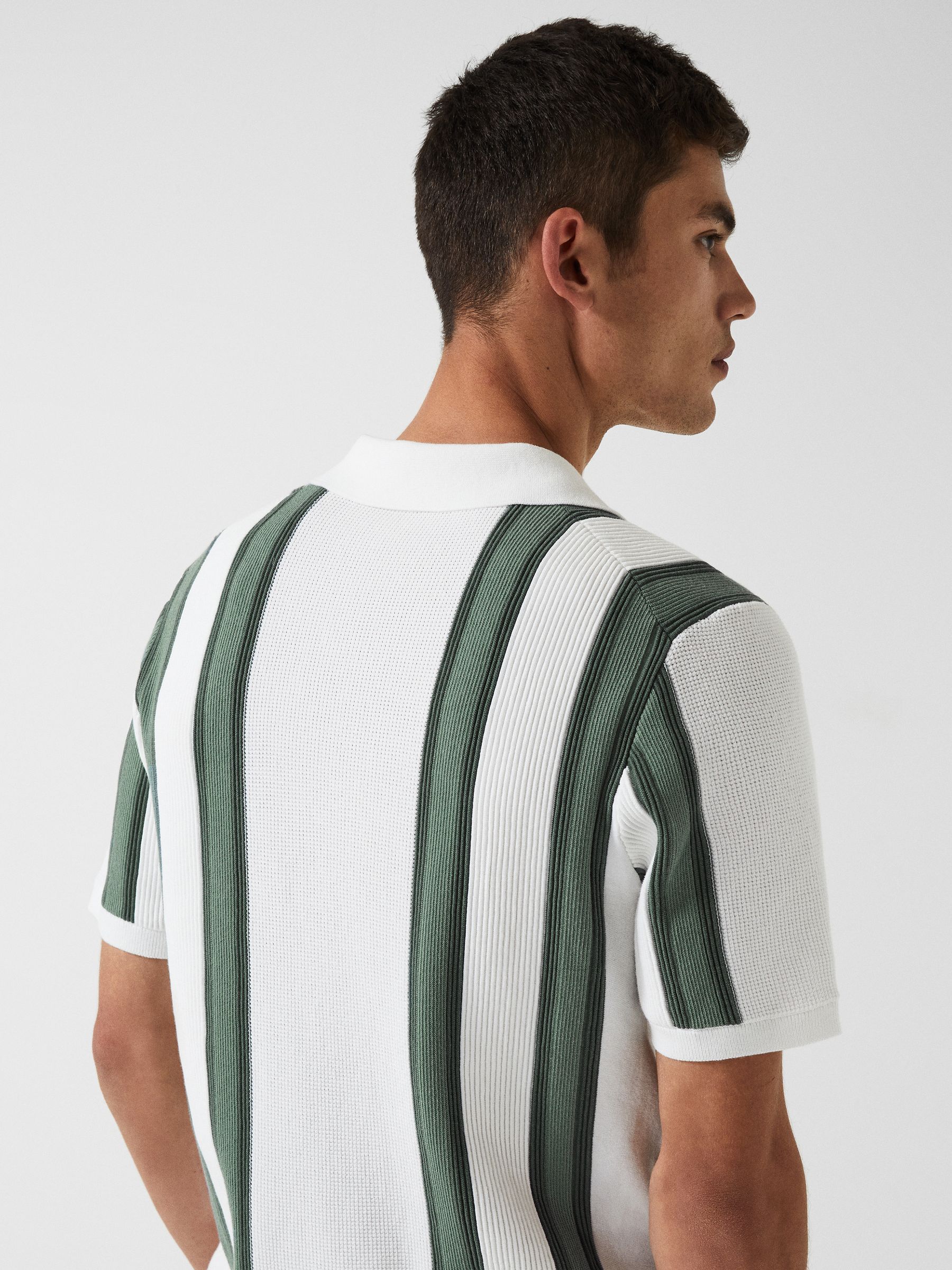 Open Collar Striped Polo T-Shirt in White/Sage
