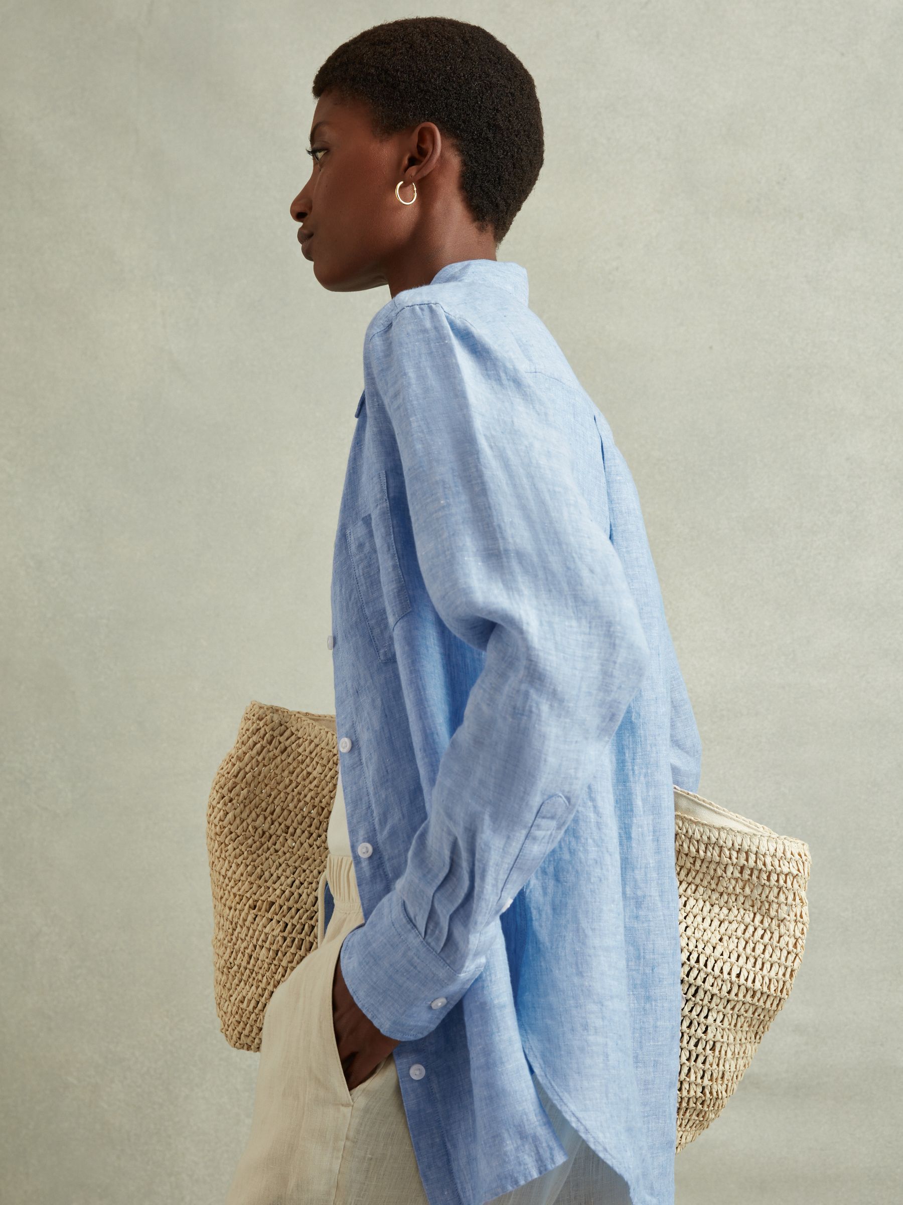Linen Button-Through Shirt in Blue